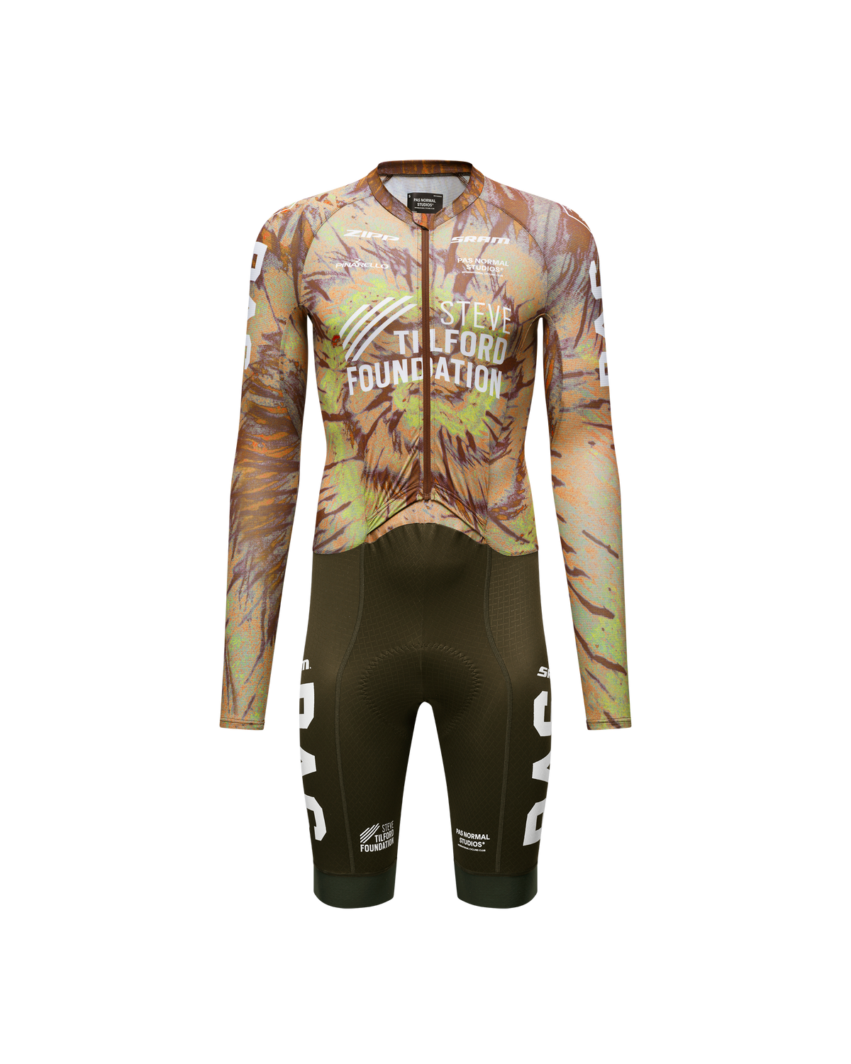 Beige STFR Mechanism Long Sleeve cycling speedsuit front view with Steve Tilford Foundation tropical print #Color_STFR Beige