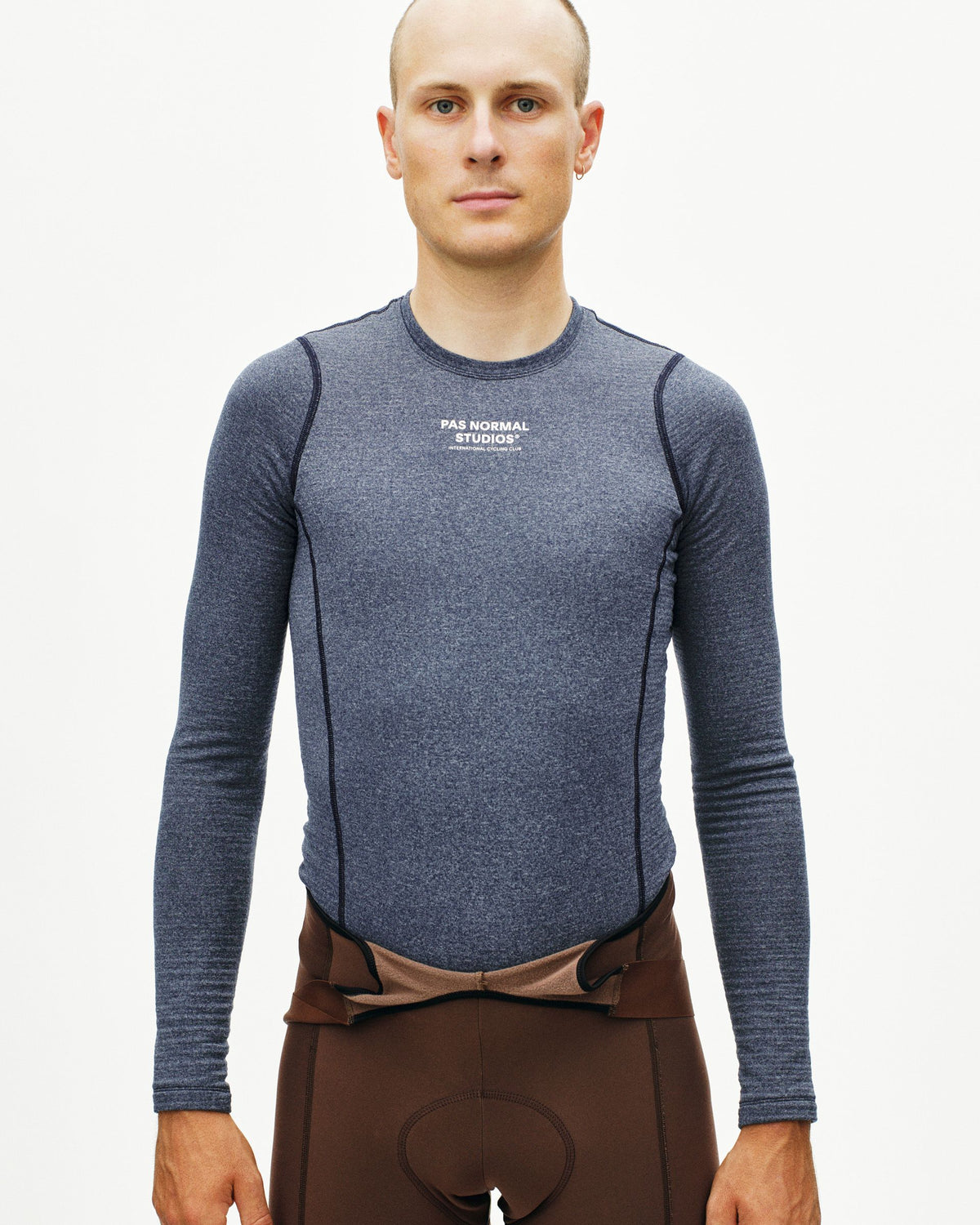 Navy thermal long sleeve base layer on model with white chest logo #Color_Navy