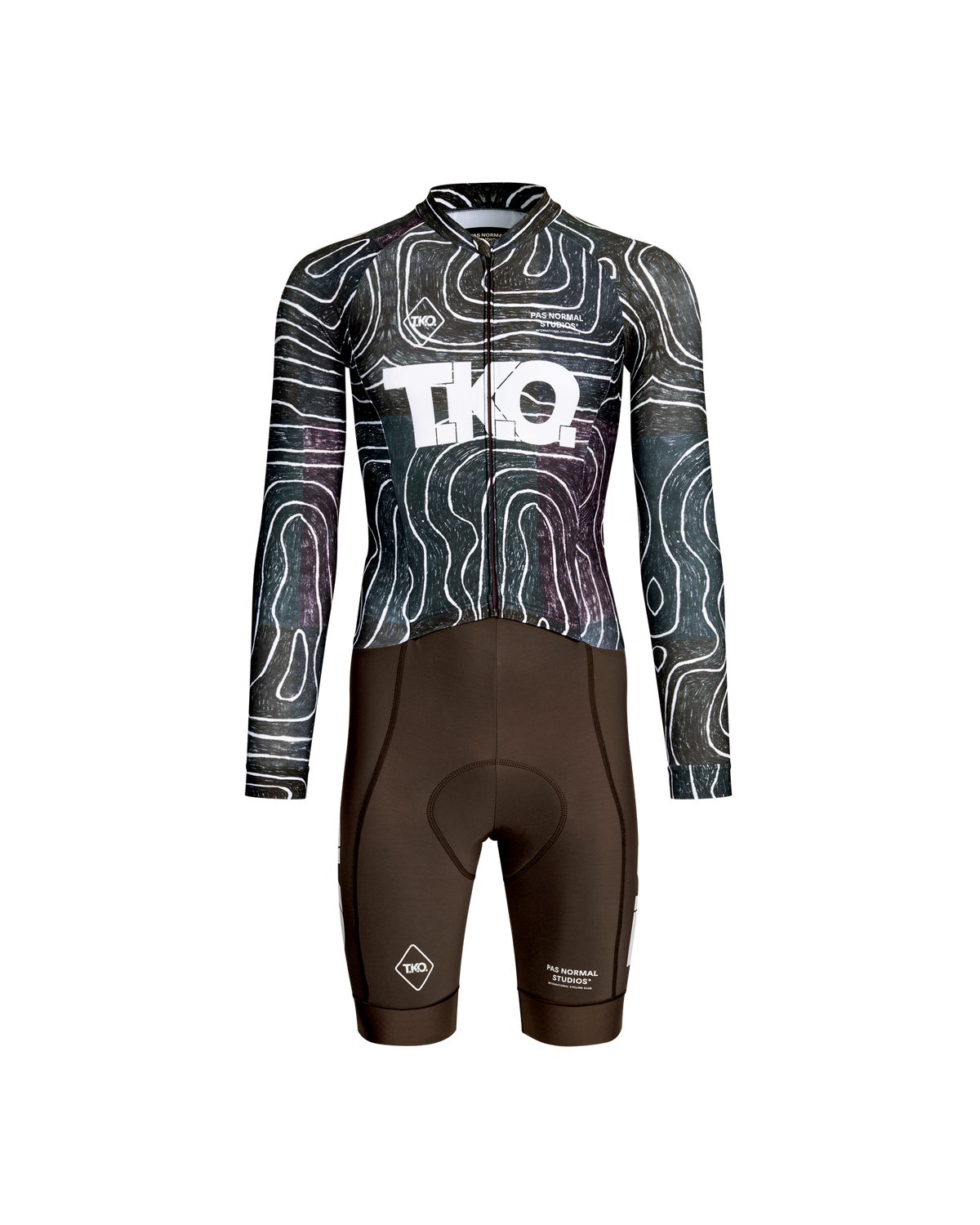 Black Multi T.K.O. Thermal Speedsuit, front flat lay with topographic print upper and dark brown lower panel #Color_T.K.O. Black Multi