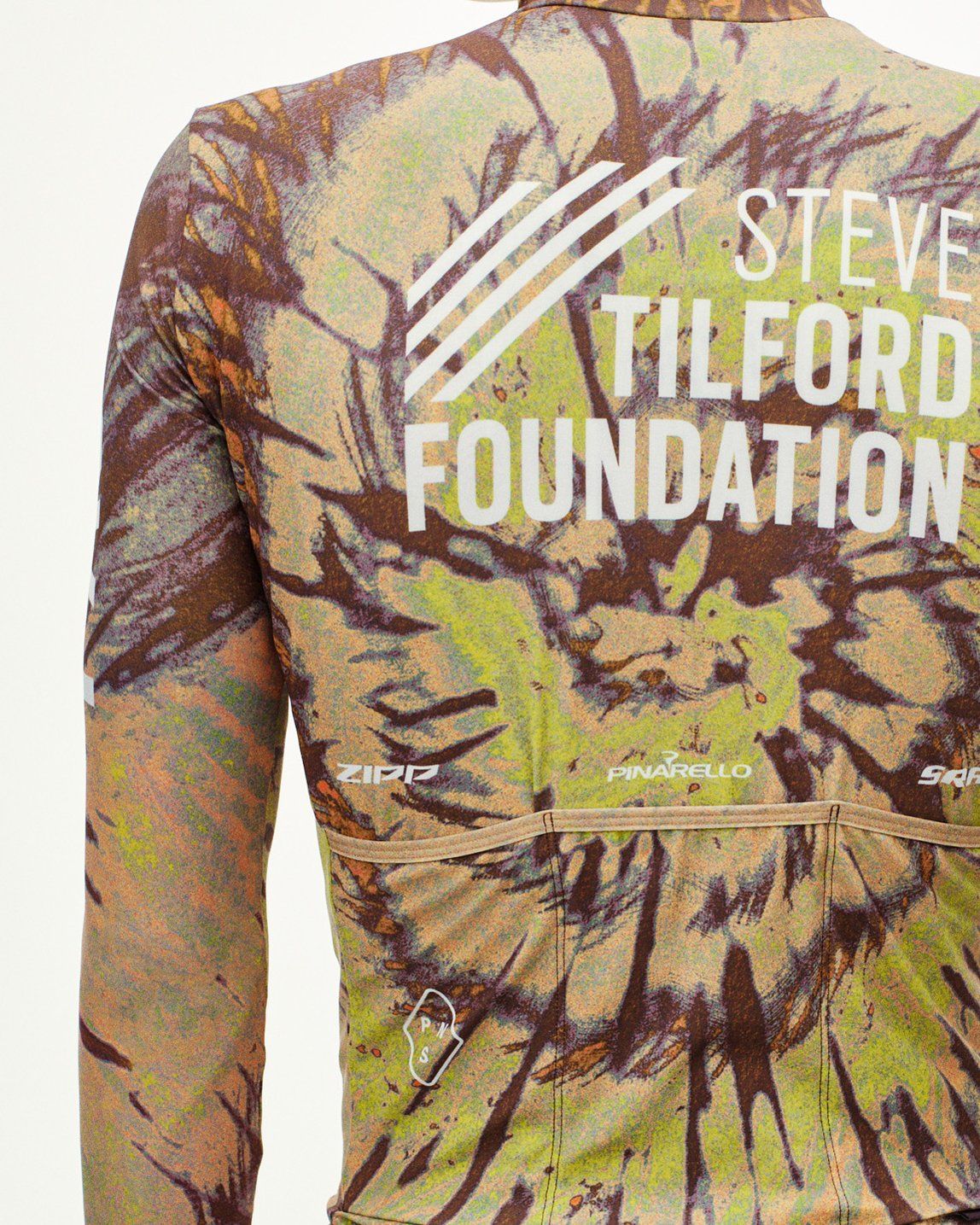 Beige STFR Mechanism long sleeve speedsuit, rear view with Steve Tilford Foundation print #Color_STFR Beige