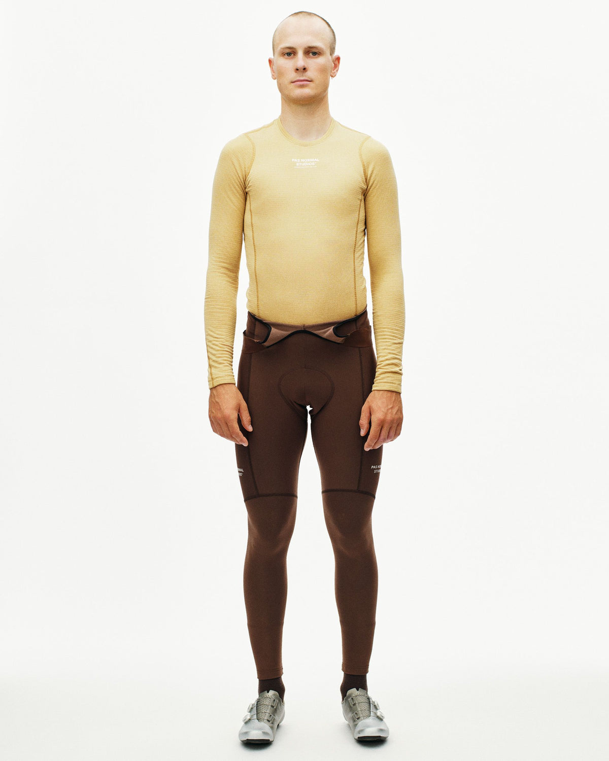 Camel thermal long sleeve base layer on model, front view with white chest logo #Color_Camel