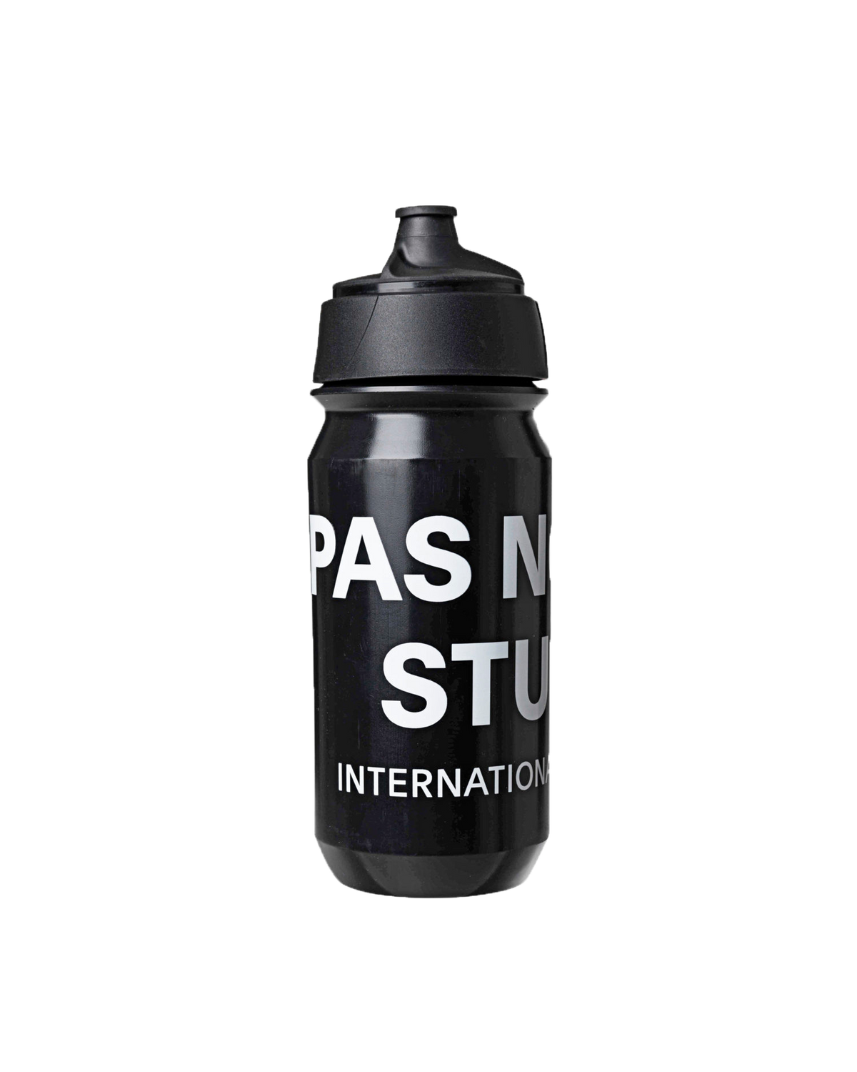Black Essential Logo water bottle with white text and pull-top cap #Color_Black
