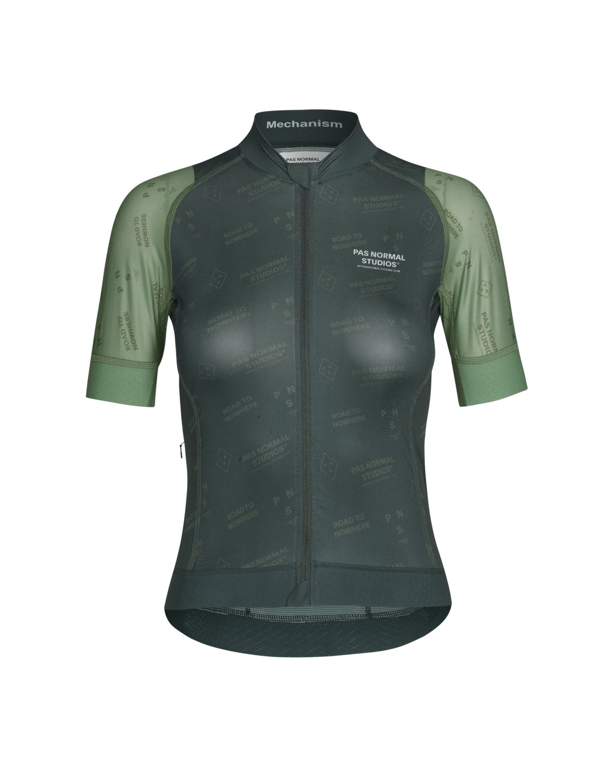Maillot Corto Mujer Pas Normal Studios Mechanism Late Drop en Dark Moss Contrast, bodegón frontal #Color_Dark Moss Contrast