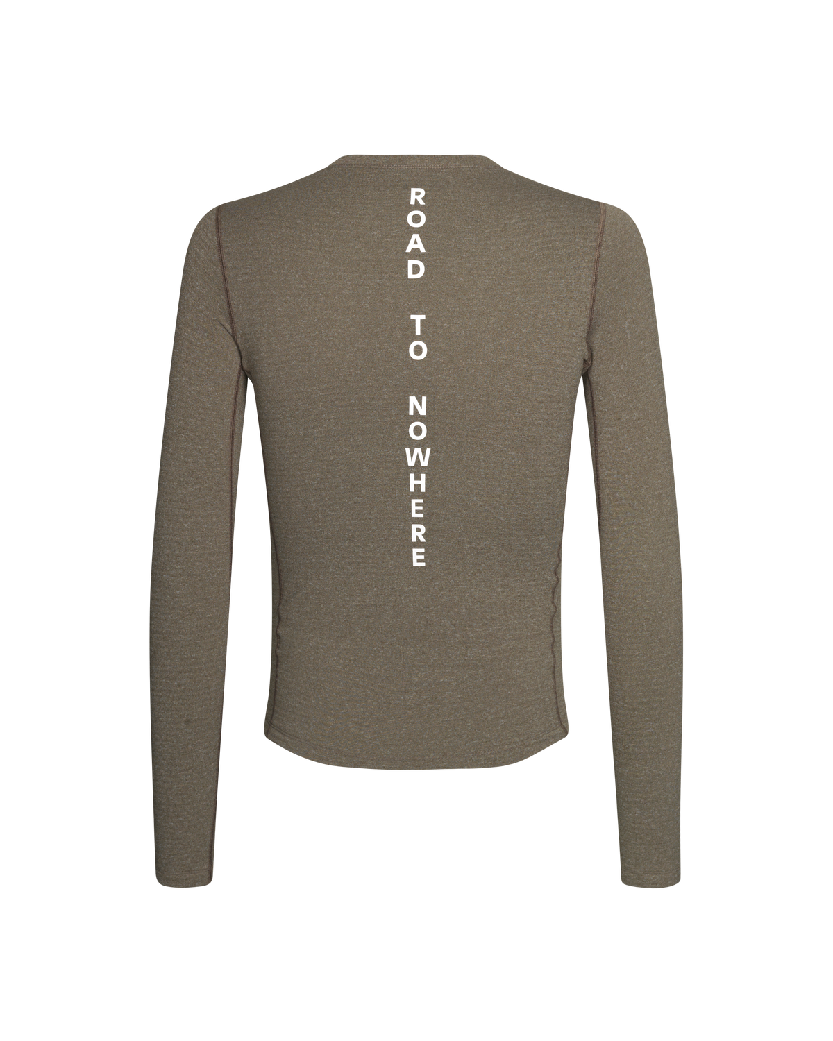 Dark Stone Thermal long sleeve base layer, rear view with white ROAD TO NOWHERE spine print #Color_Dark Stone
