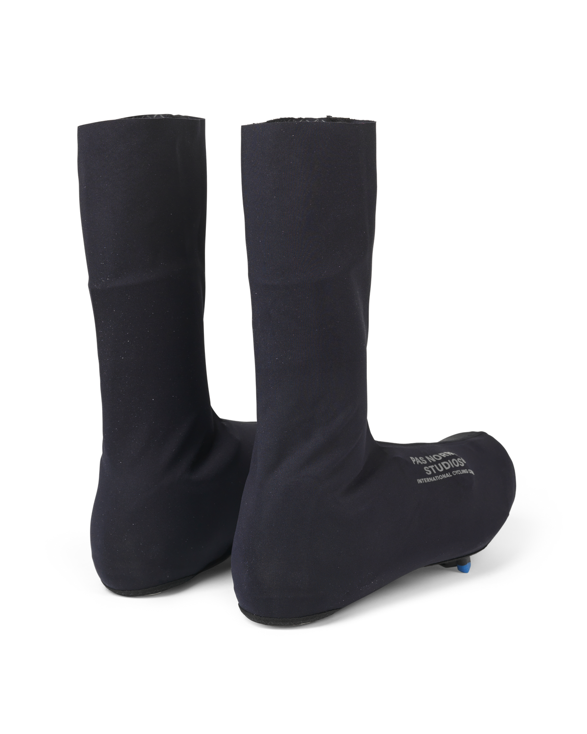 Black Logo Light cycling overshoes, pair with white logo print on heel #Color_Black