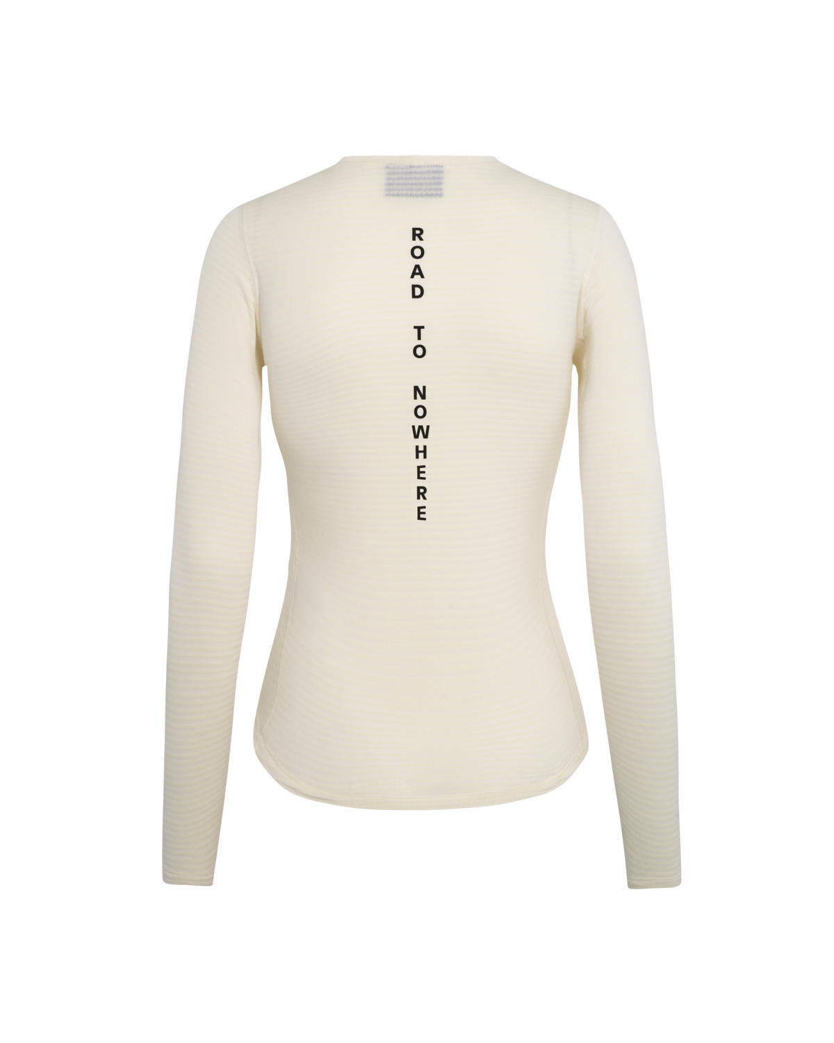 Off White thermal long sleeve base layer, rear flat lay with vertical Road to Nowhere text #Color_Off White