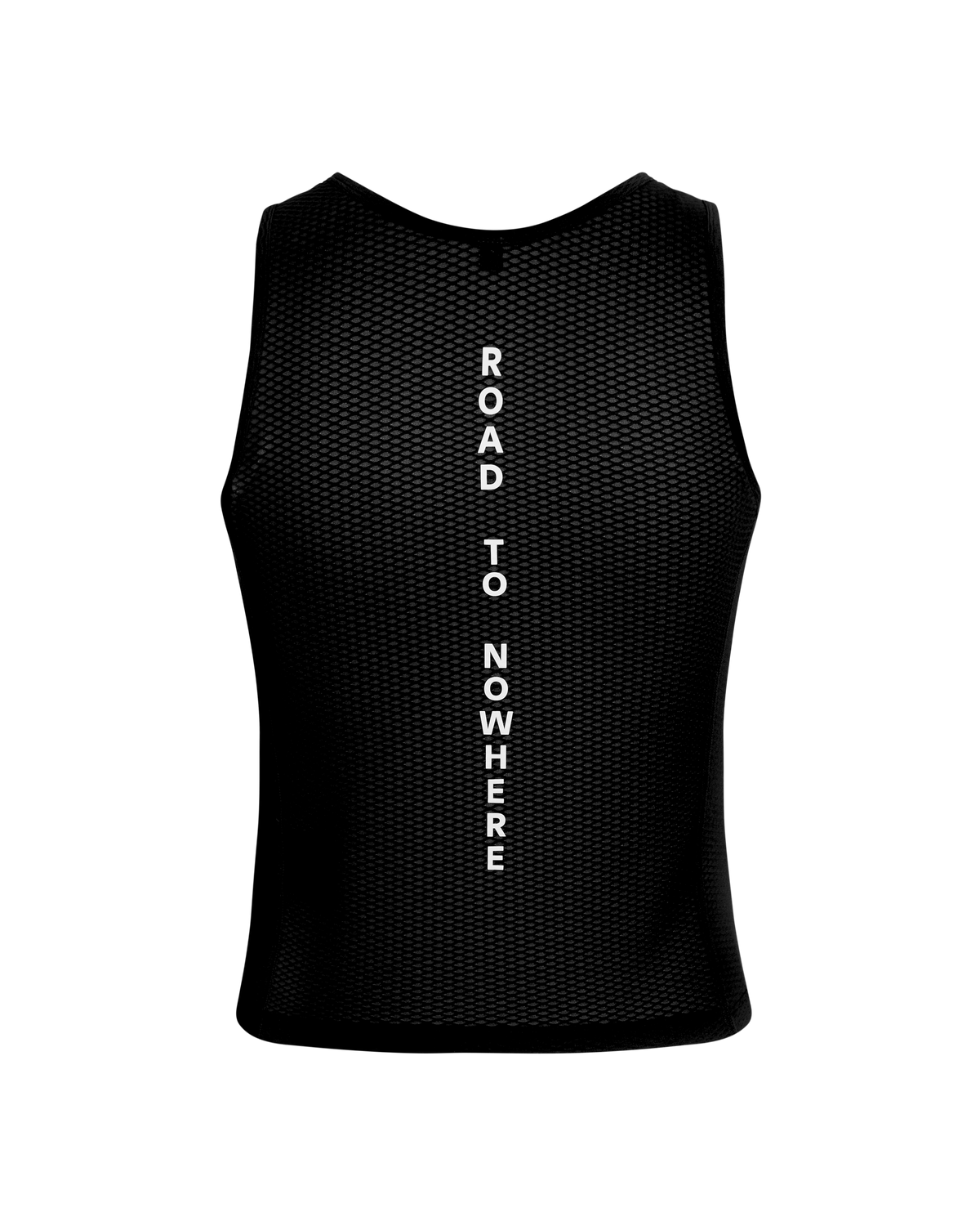 Black Mechanism sleeveless base layer, front flat lay with mesh fabric and white vertical text #Color_Black