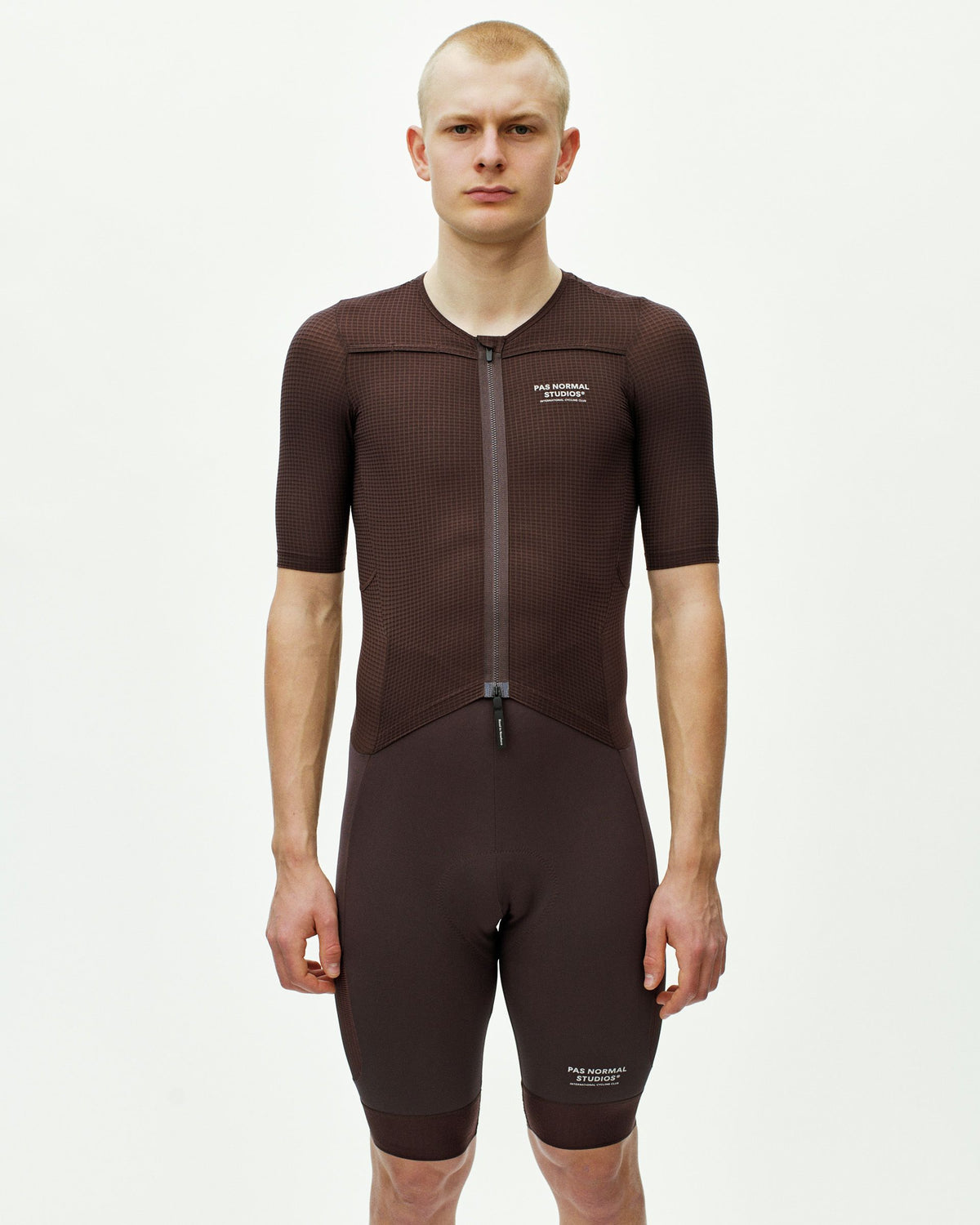 Dark Red Escapism speedsuit on model, front view with textured fabric and full zip #Color_Dark Red