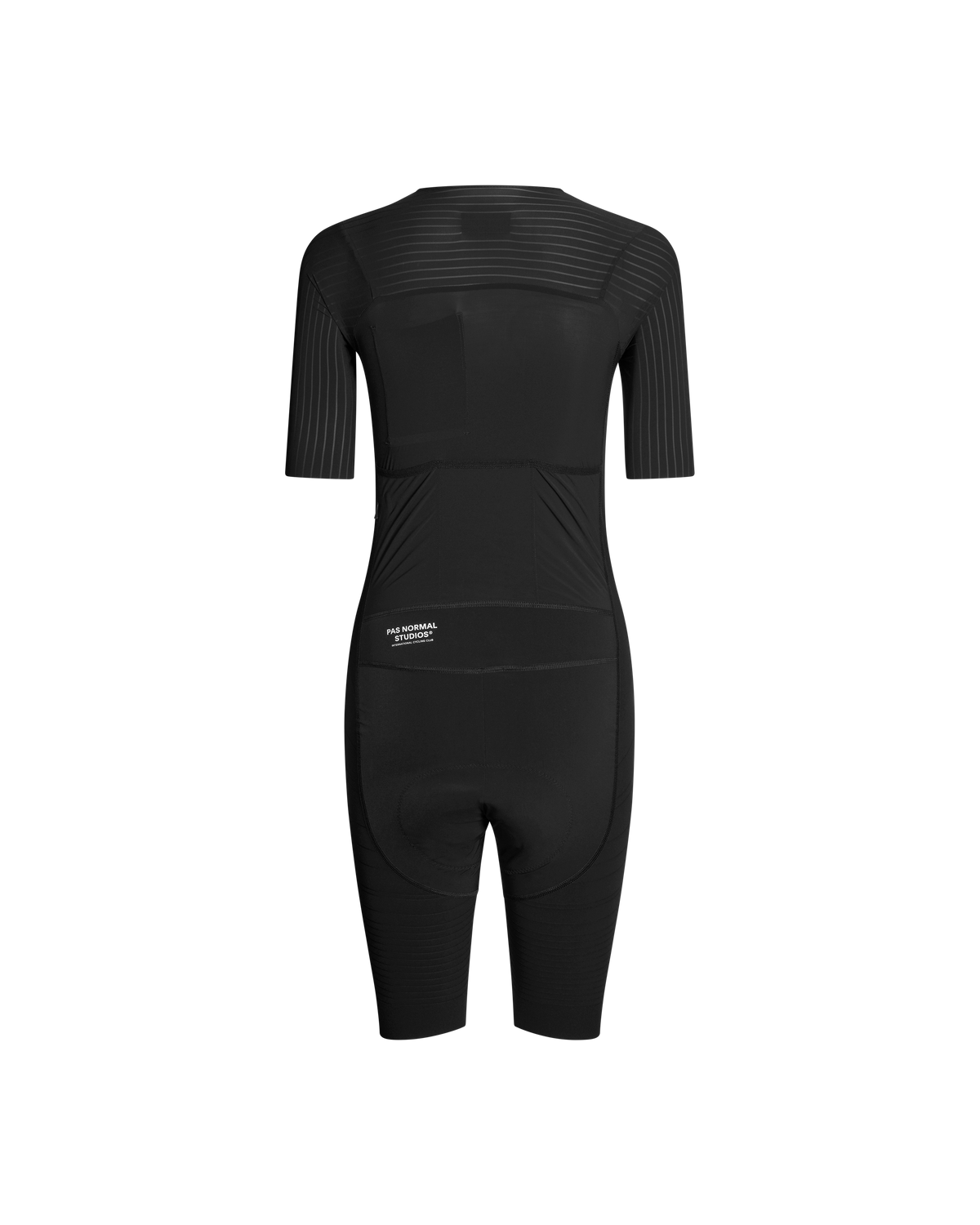 Black Mechanism Pro cycling speedsuit, rear view with ribbed shoulder panels and contrast stitching #Color_Black