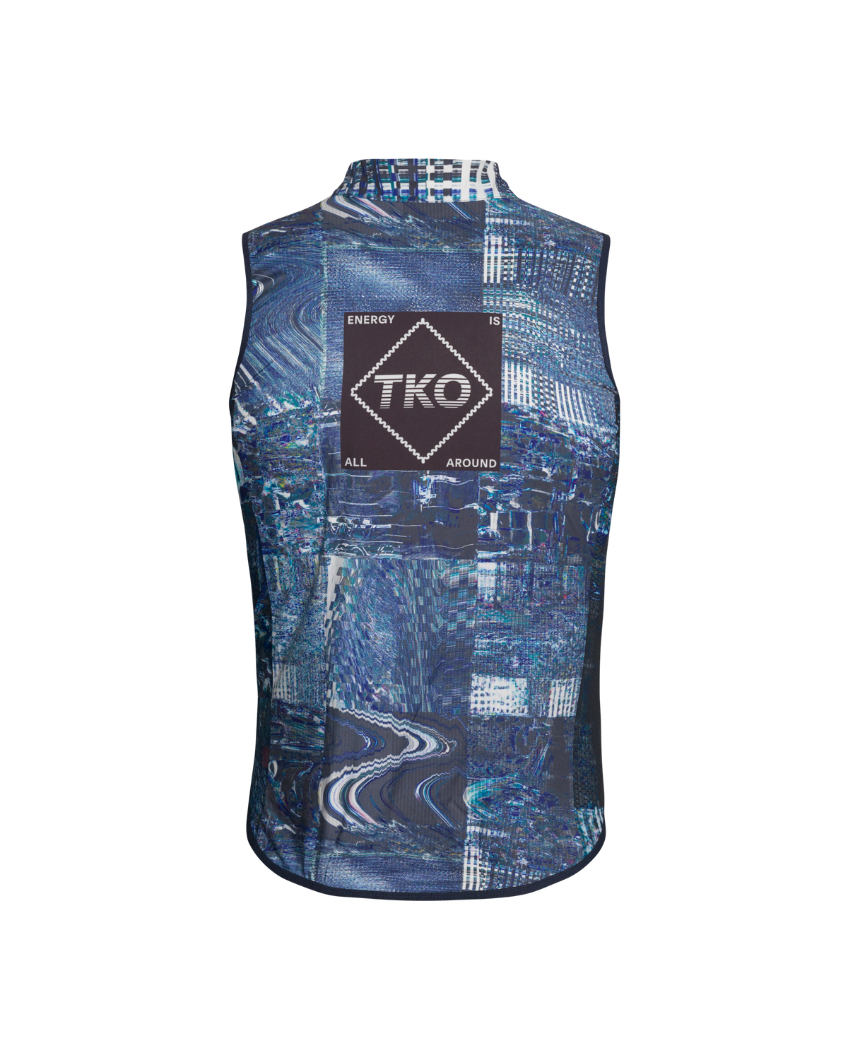 Human Error Blue T.K.O. Mechanism Stow Away cycling gilet, rear flat lay with all-over print and back logo patch #Color_Human Error Blue