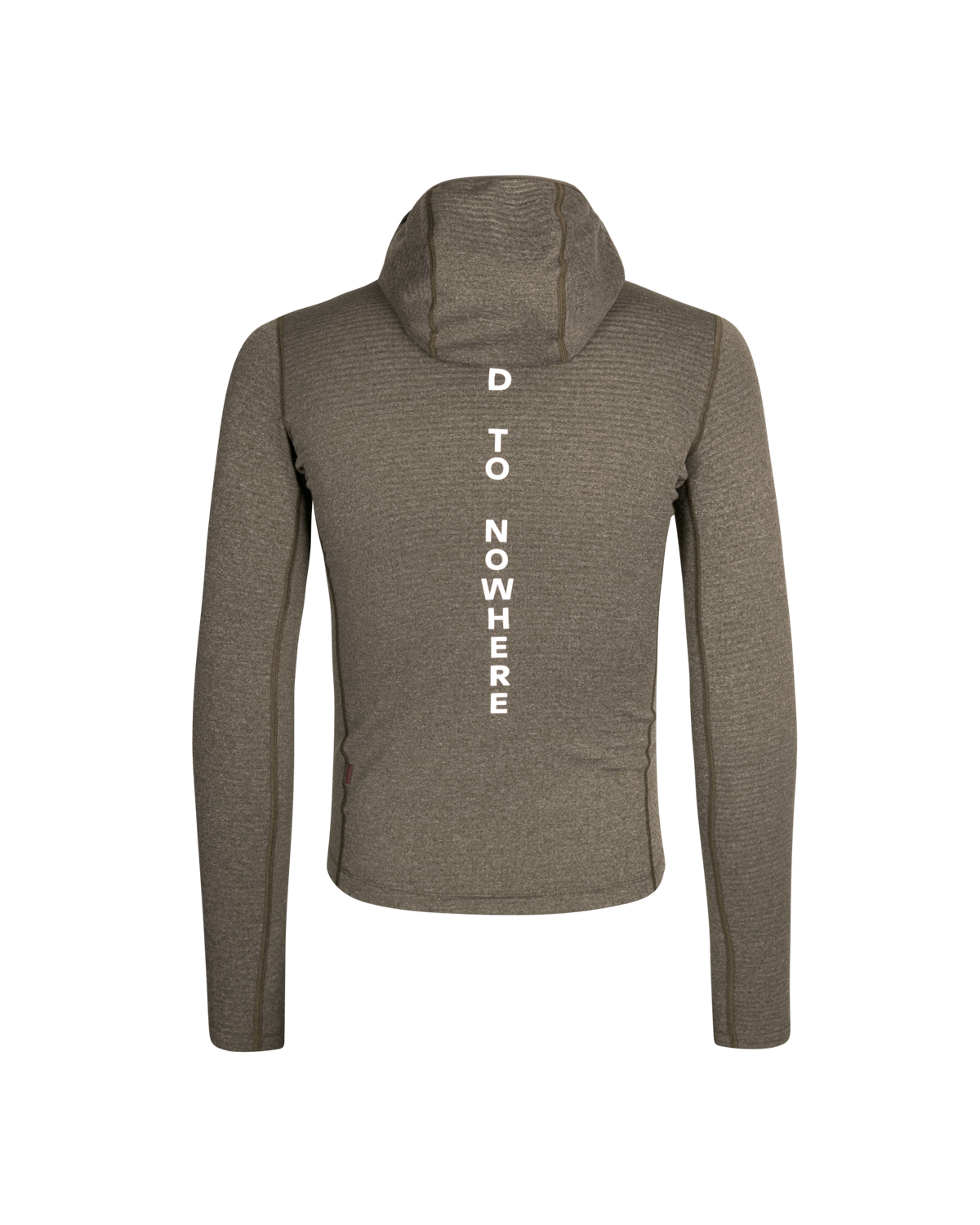 Grey Thermal Hooded Windproof base layer, front view with vertical white text print #Color_Dark Stone
