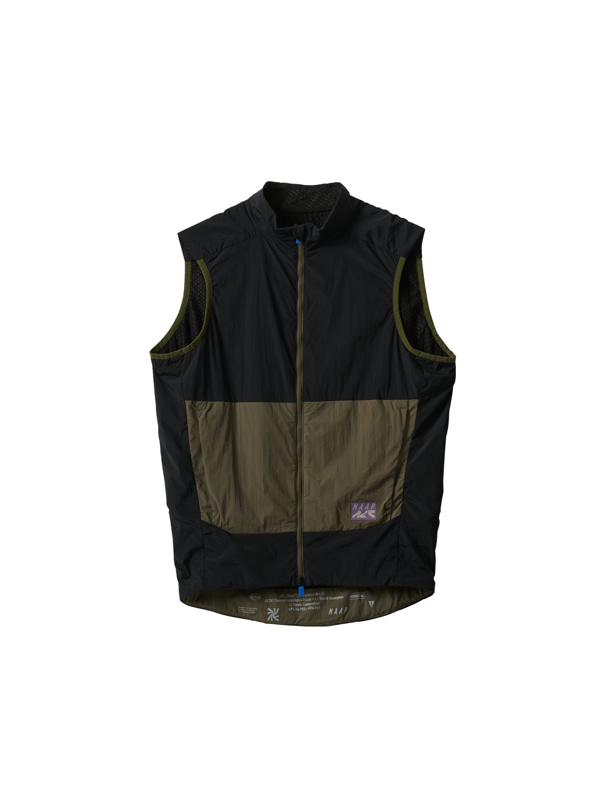 Chaleco de mujer MAAP Alt Road Insulated Vest en Black, producto plano sobre fondo #Color_Black