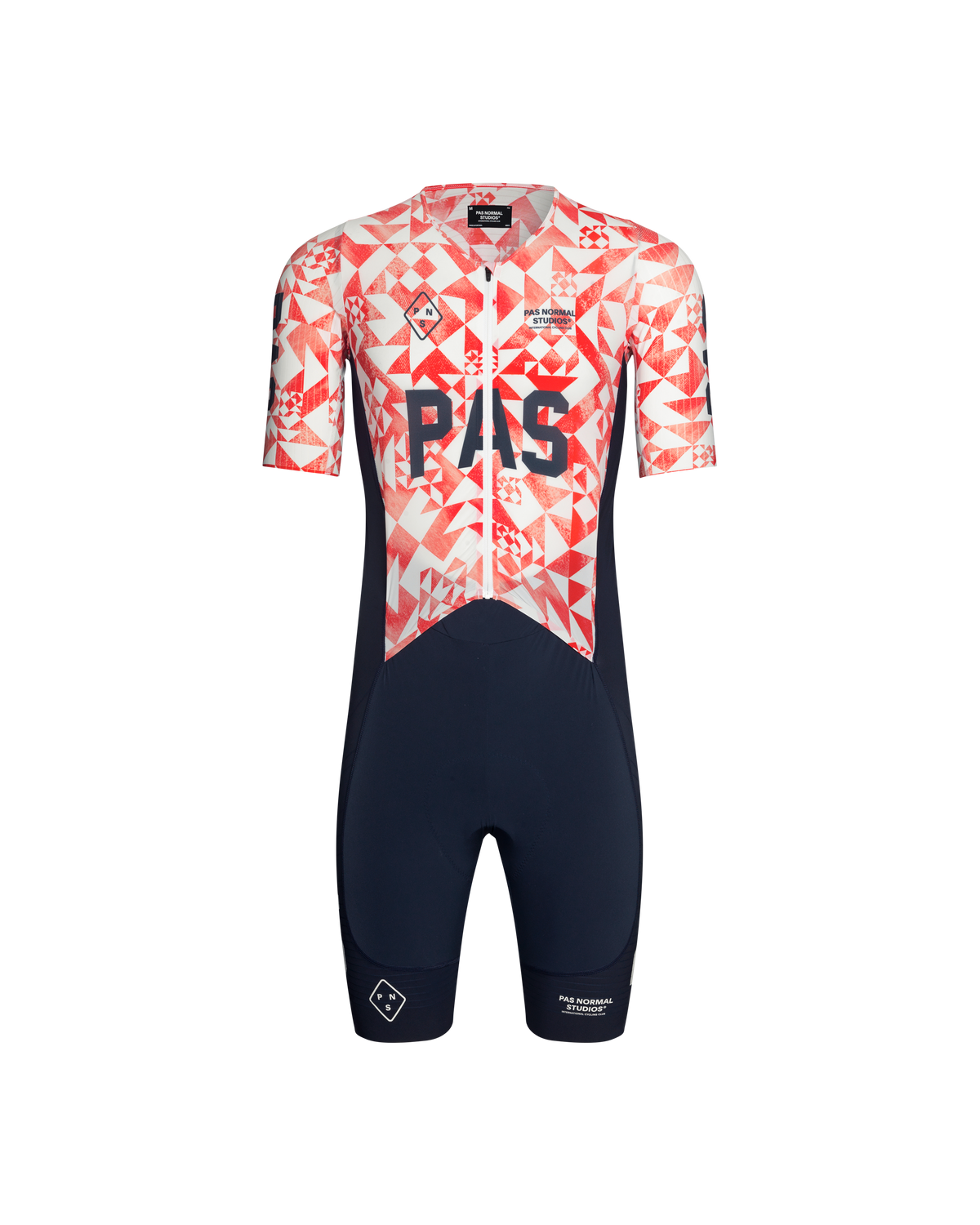 Red PAS Mechanism Pro Speedsuit, front view with geometric origami print and navy shorts #Color_Origami