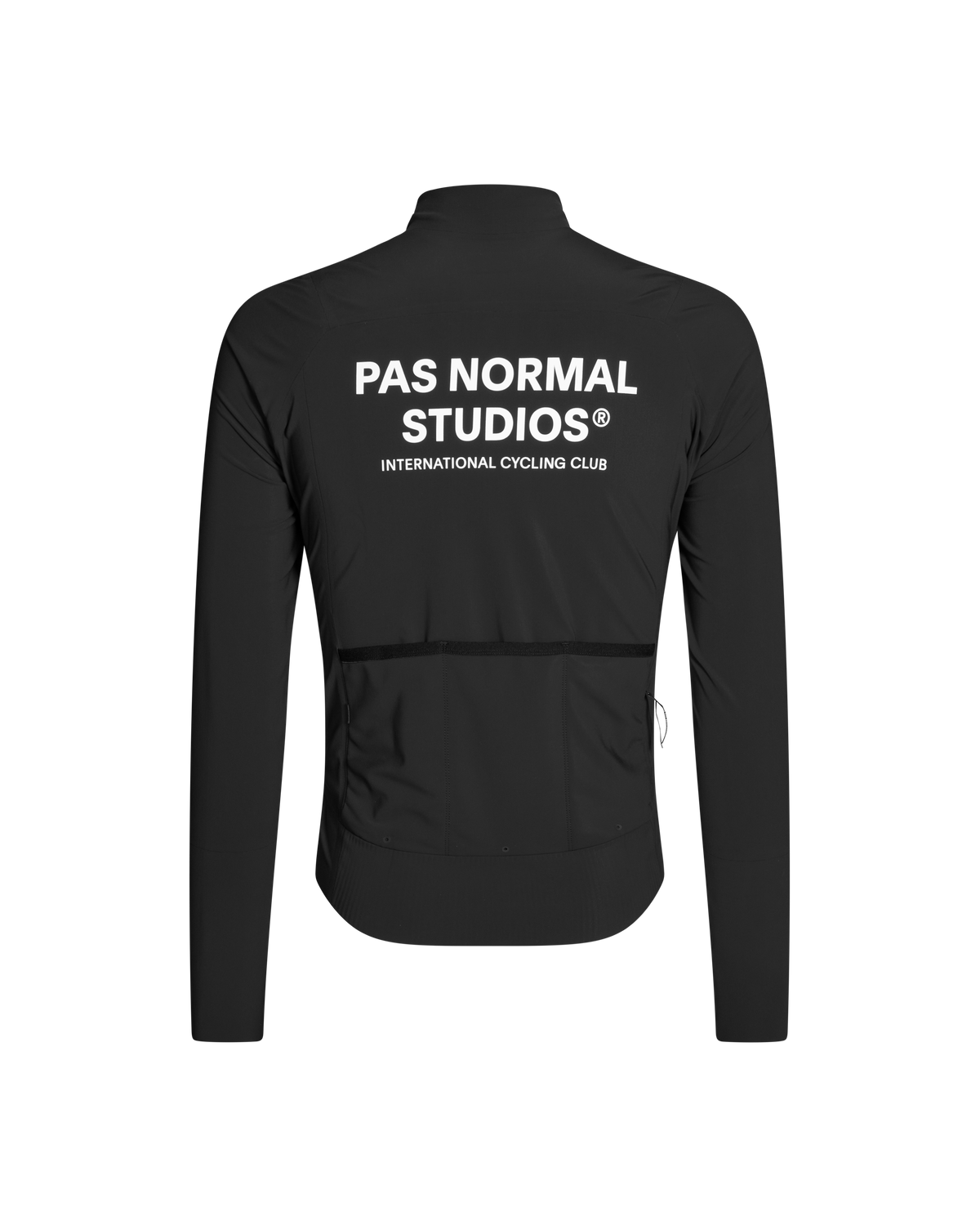 Black Mechanism Thermal cycling jacket, rear view with white logo and rear pockets #Color_Black