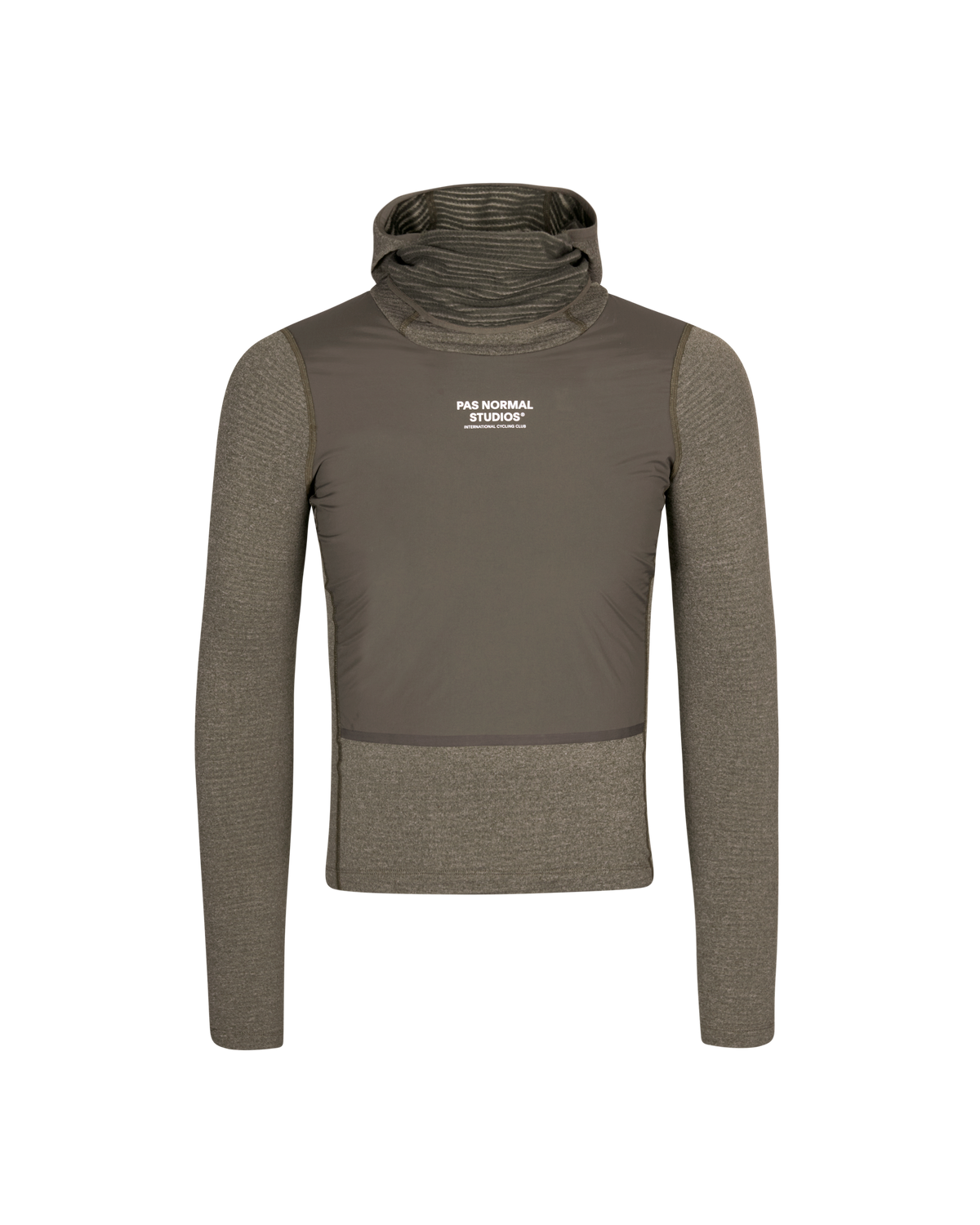 Dark Stone thermal hooded windproof base layer, front view with contrast panel and white chest logo #Color_Dark Stone