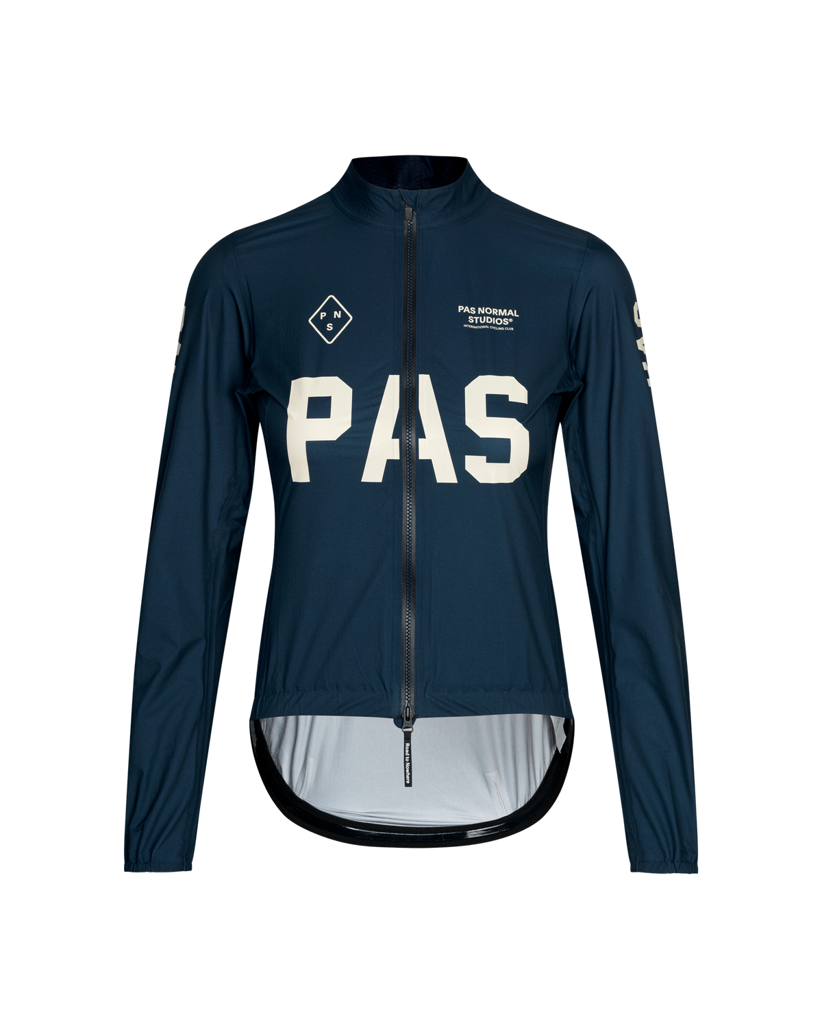 Navy PAS Mechanism Rain cycling jacket, front view with white chest logo and extended rear hem #Color_Navy