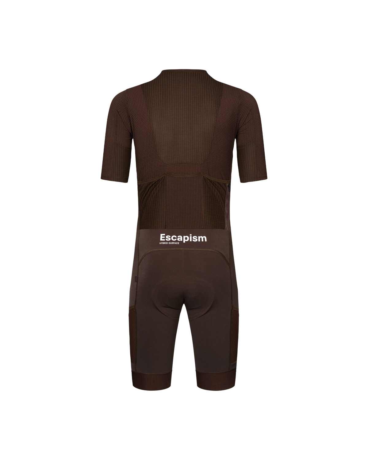 Dark Red Escapism speedsuit, rear view with textured jersey and solid shorts #Color_Dark Red