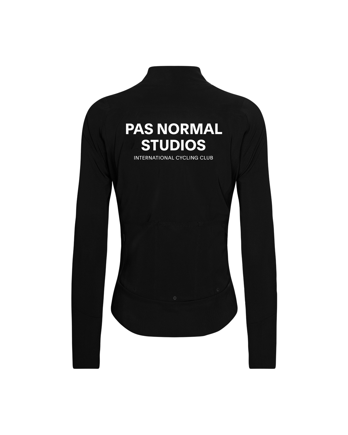 Black Mechanism women's thermal cycling jacket, rear flat lay with white back print #Color_Black