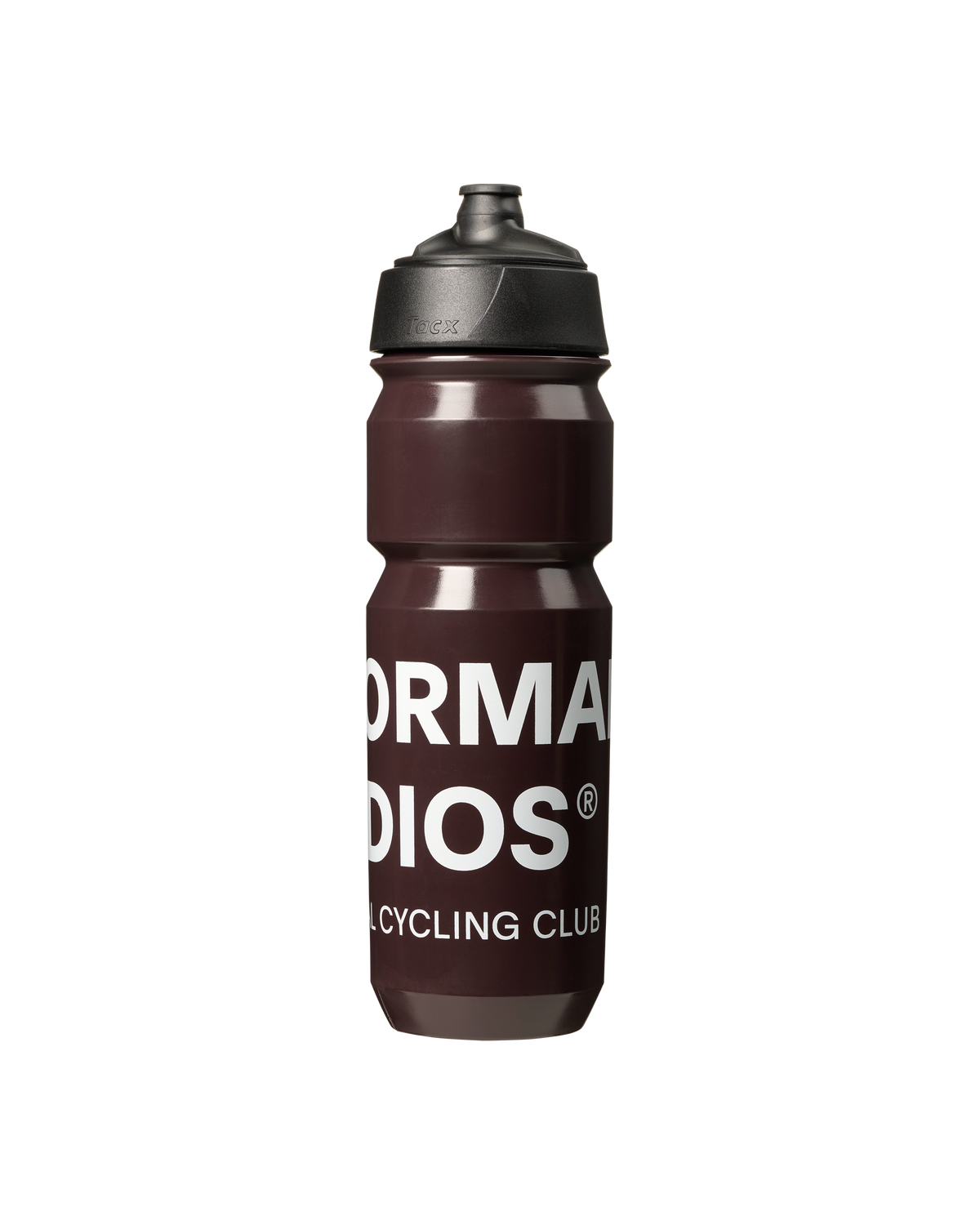 Dark Red Escapism bidon, front view with white Normal Studios Cycling Club text #Color_Dark Red
