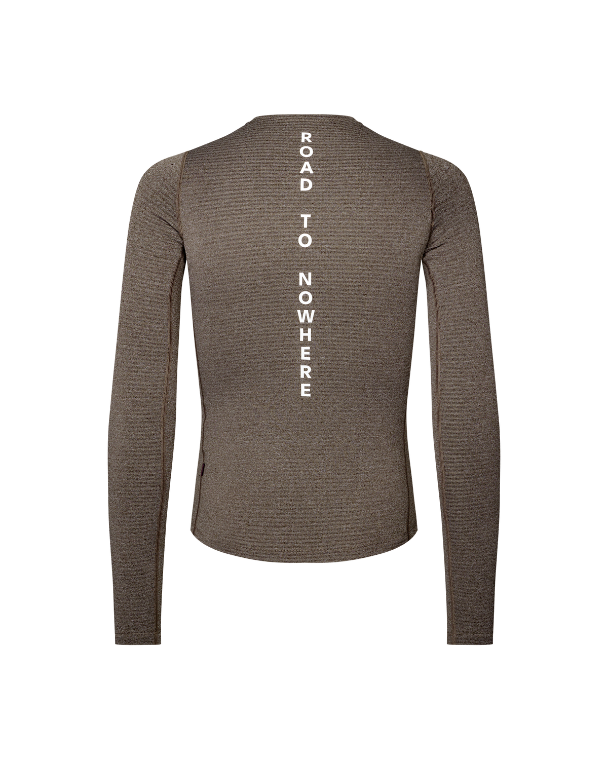 Dark Coffee brown Thermal Long Sleeve cycling baselayer, rear flat lay with vertical Road To Nowhere back print #Color_Dark Coffee