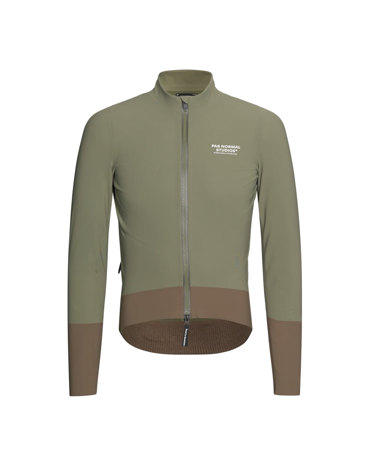Army Green Mechanism Thermal cycling jacket, front view with brown contrast panels and ribbed hem #Color_Army Green / Dark Stone