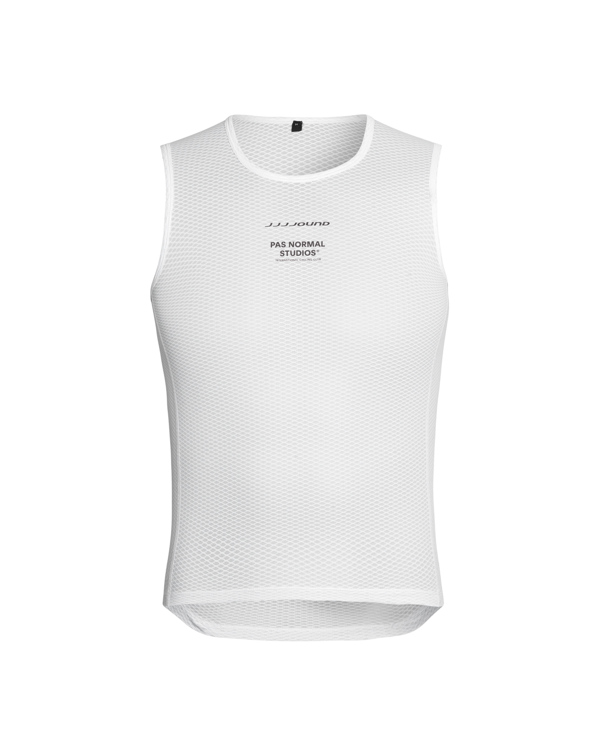 White JJJJound sleeveless base layer, front view with mesh fabric and chest print #Color_White
