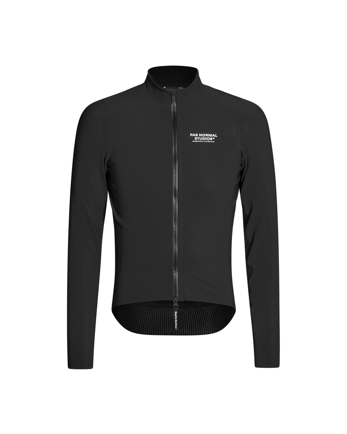 Black Mechanism Thermal cycling jacket, front view with white chest logo and textured hem #Color_Black