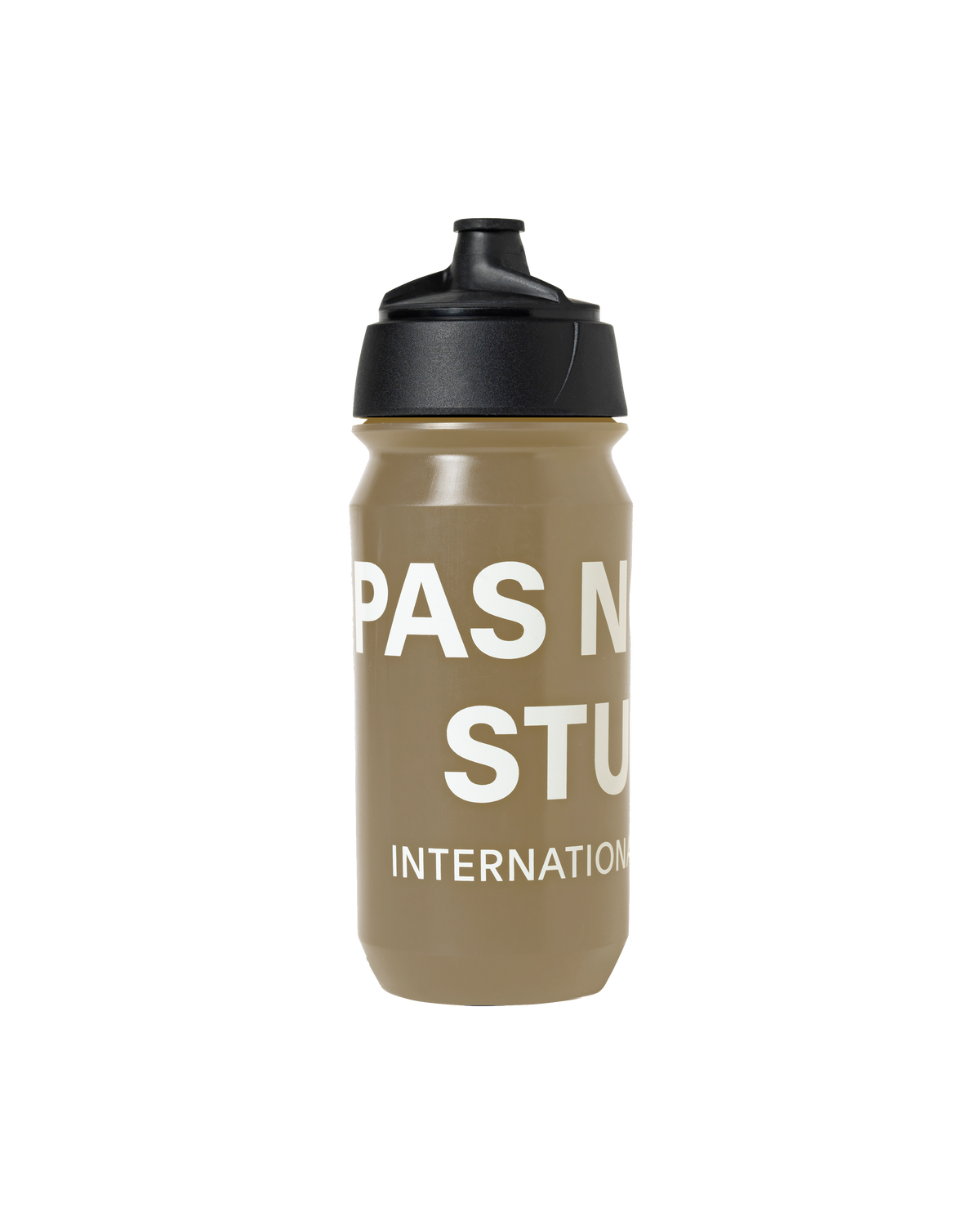 Beige Essential cycling water bottle with black cap and white logo print #Color_Beige
