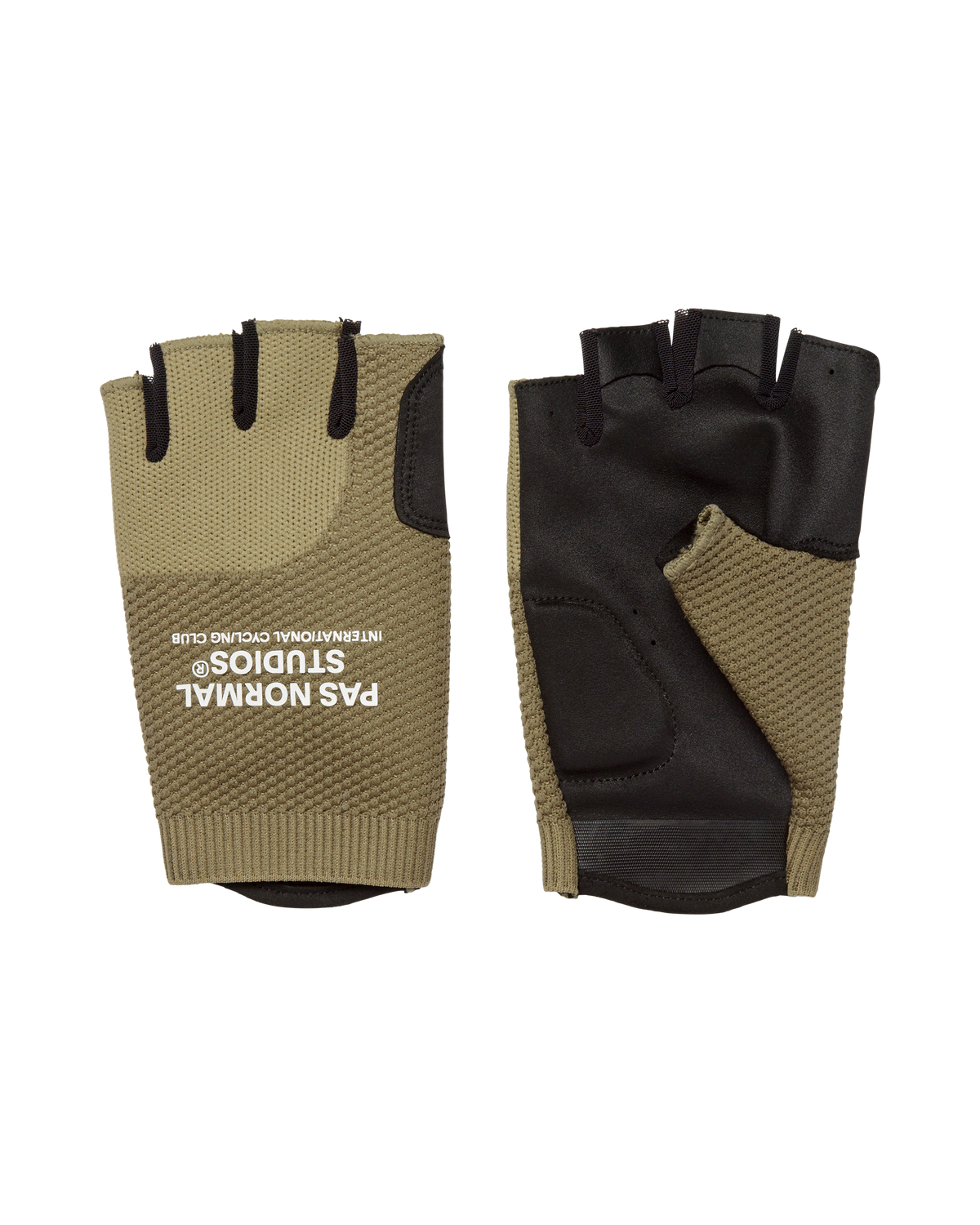 Earth Escapism cycling mitts, pair showing palm and back with knitted cuffs #Color_Earth