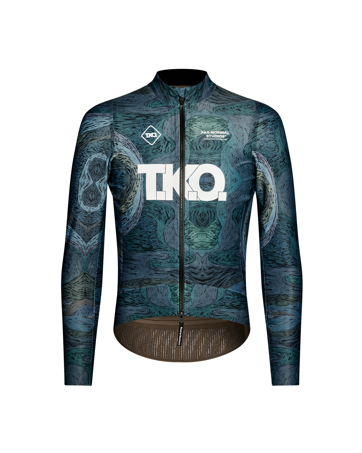 Dark Multi T.K.O. Mechanism Thermal cycling jacket, front flat lay with all-over woodgrain print and white chest logo #Color_T.K.O. Dark Multi