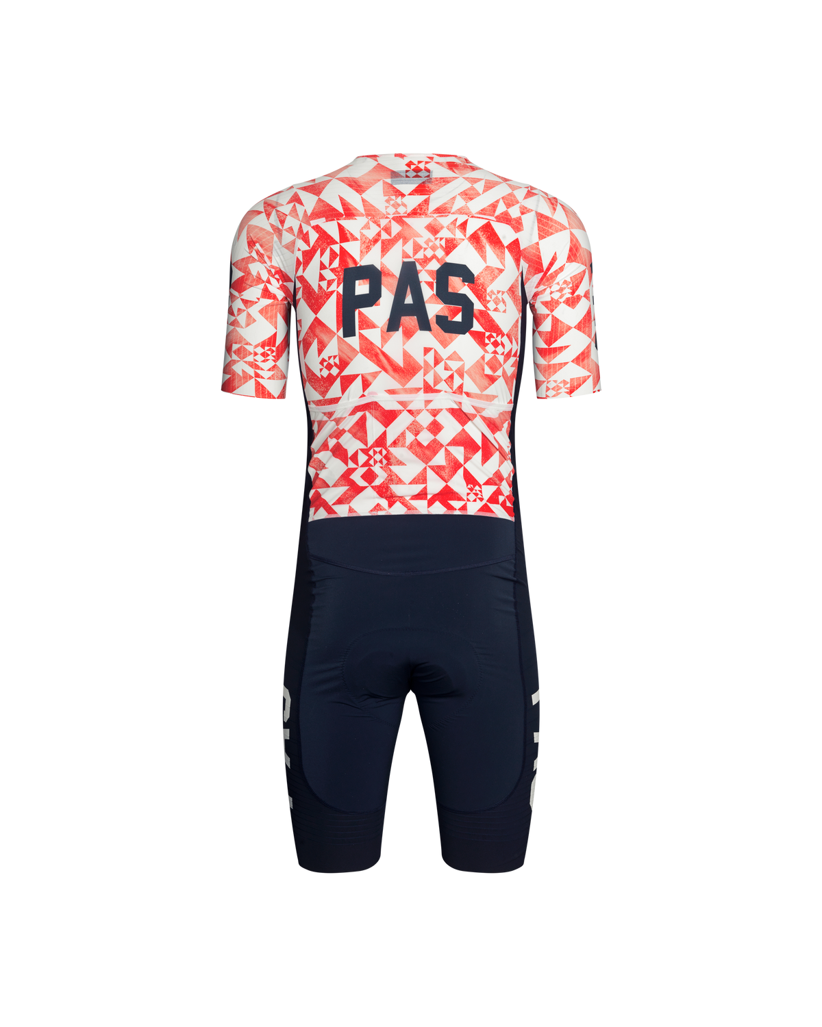 Red PAS Mechanism Pro Speedsuit, rear view with geometric print and navy shorts #Color_Origami