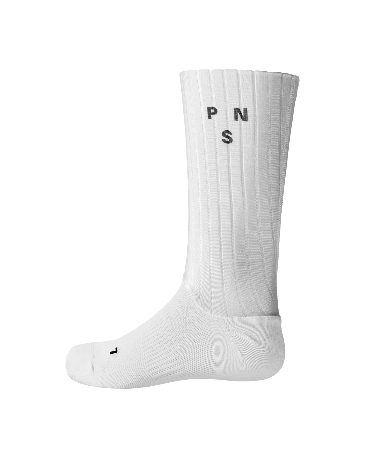 White Aero cycling socks, side view with ribbed texture and black PNS logo #Color_White