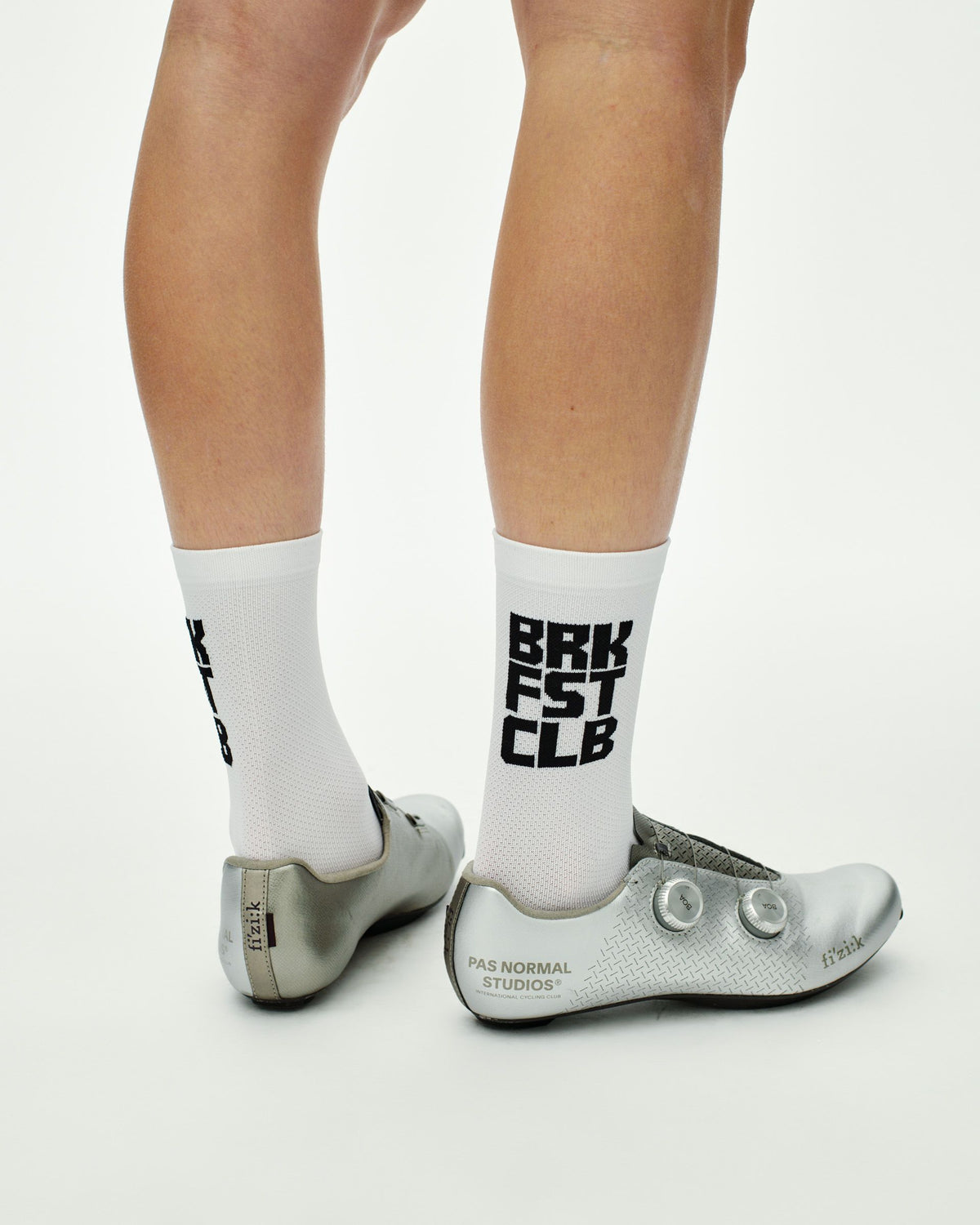 White Breakfast Club cycling socks on model with black text print #Color_White