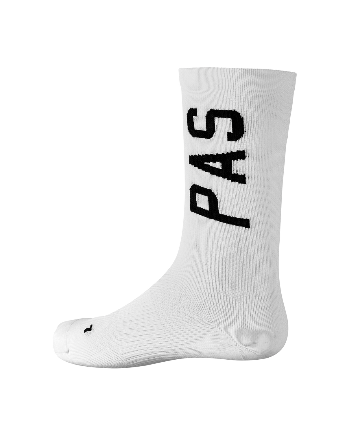 White PAS Race cycling socks, side view with black logo text #Color_White