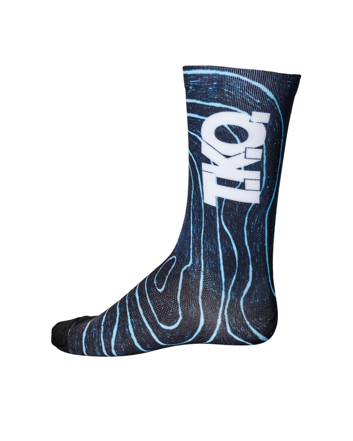 Blue T.K.O. Mechanism cycling socks, side view with blue topographic line print and white logo #Color_Blue