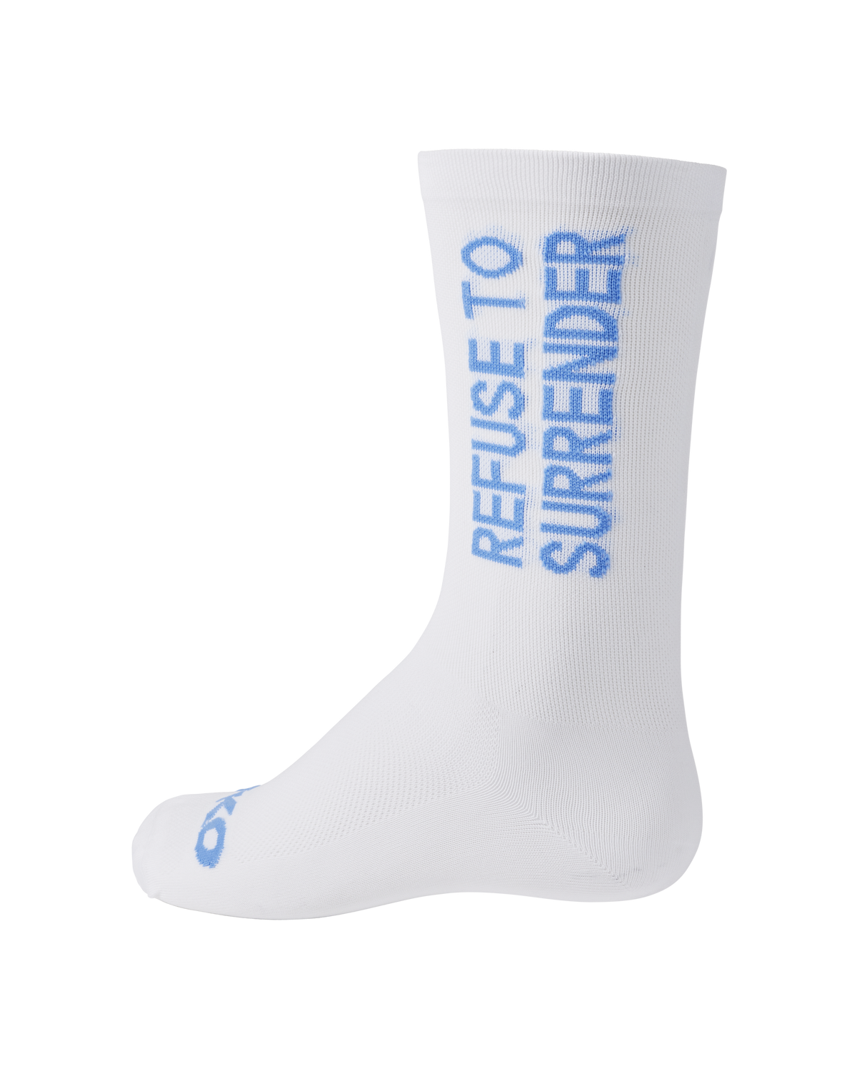 White T.K.O. Mechanism cycling socks, side view with blue Refuse To Surrender text print #Color_White