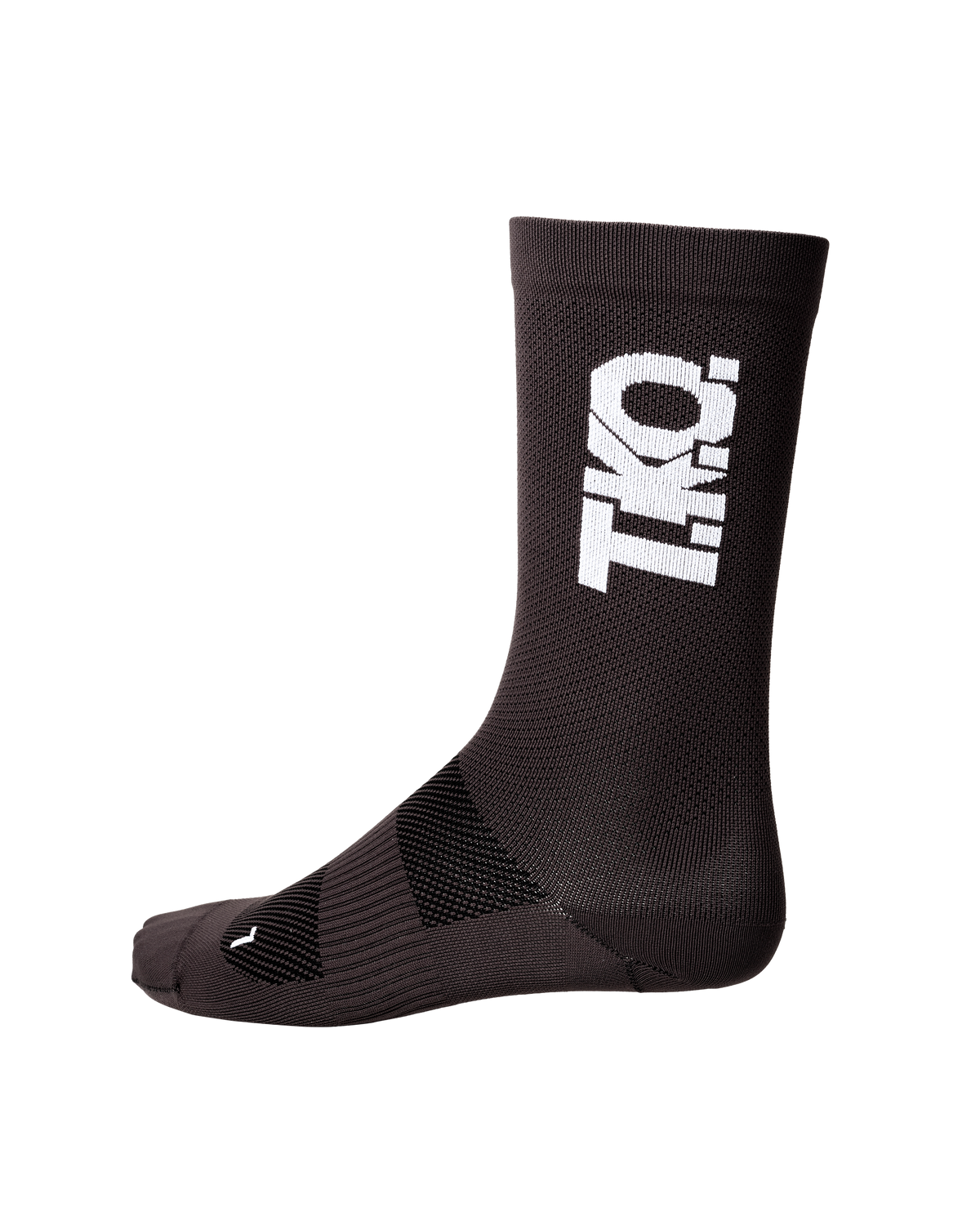 Black T.K.O. Race cycling socks, side view with white logo and textured sole panels #Color_Dark Purple