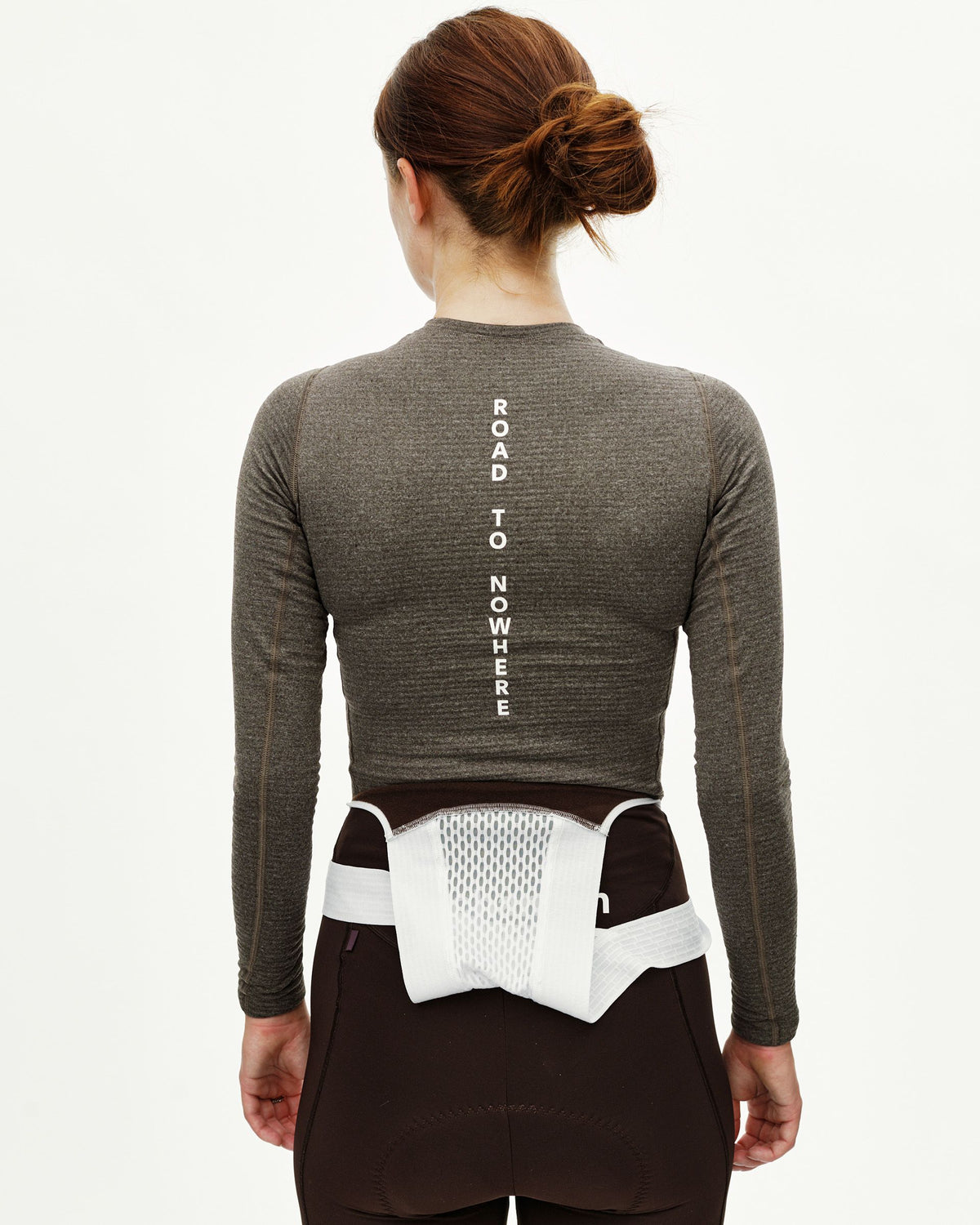 Dark Coffee brown women's thermal long sleeve baselayer, rear view on model with white vertical back print #Color_Dark Coffee