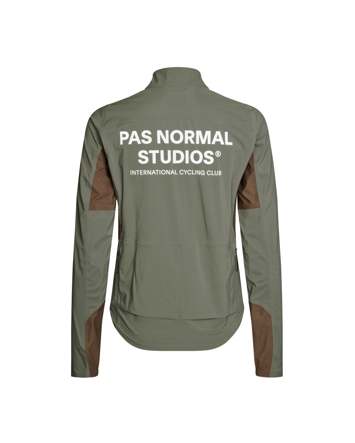 Dark Grey Mechanism Shell cycling jacket, rear view with brown mesh panels #Color_Dark Grey