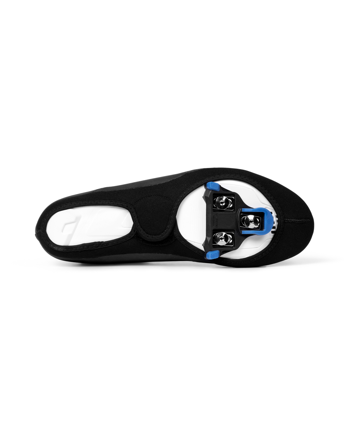 Black Logo Heavy cycling overshoe, sole view showing cleat cutout with blue road cleat fitted #Color_Black