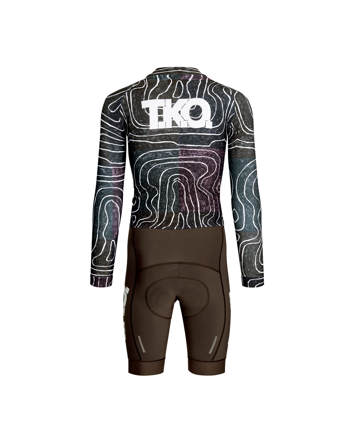 Black Multi T.K.O. Thermal Speedsuit, rear view on mannequin with contour line print and white back logo #Color_T.K.O. Black Multi
