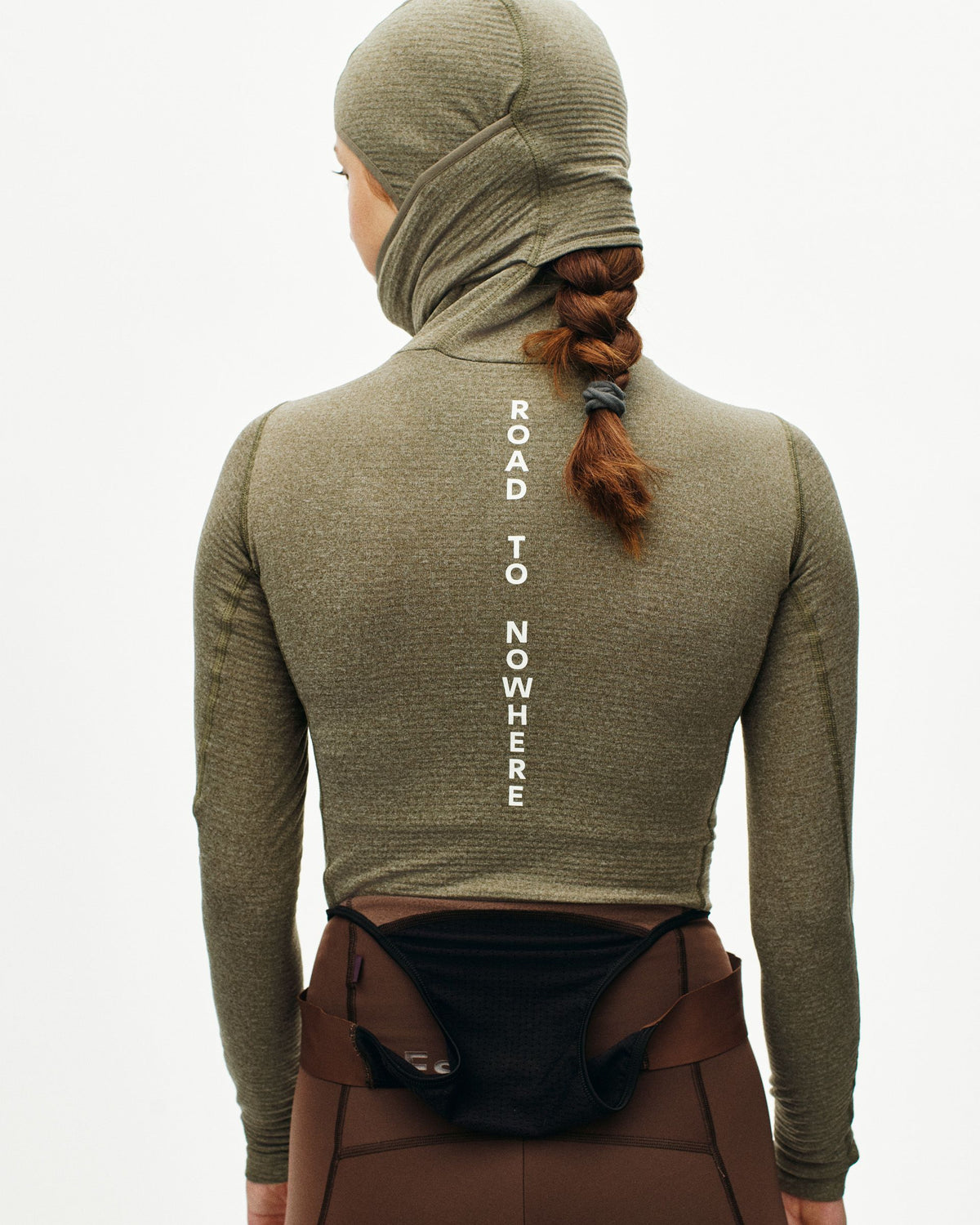 Grey Thermal Hooded Windproof base layer, rear view on model with white spine print #Color_Dark Stone