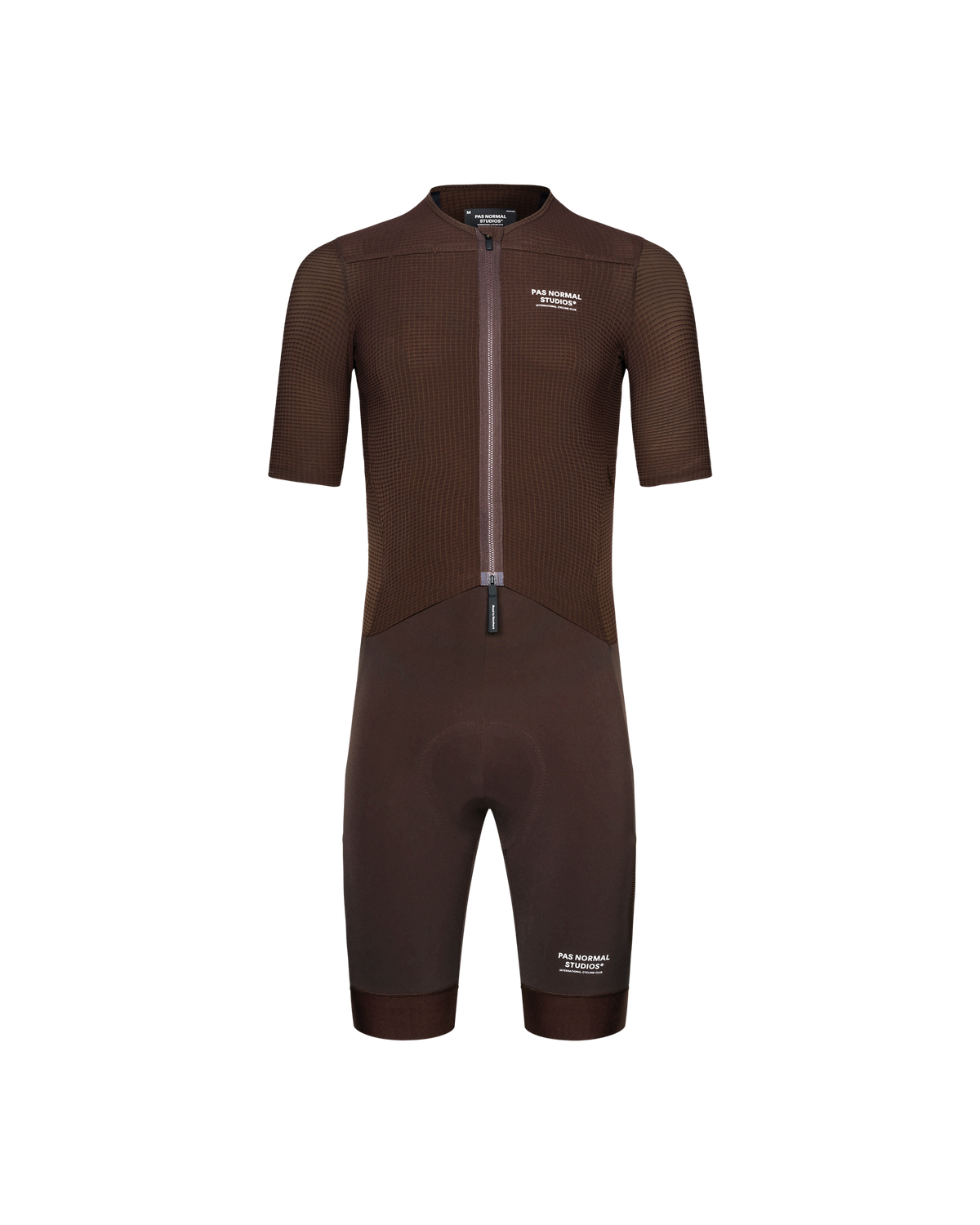 Dark Red Escapism speedsuit, front view with textured jersey upper and smooth shorts #Color_Dark Red