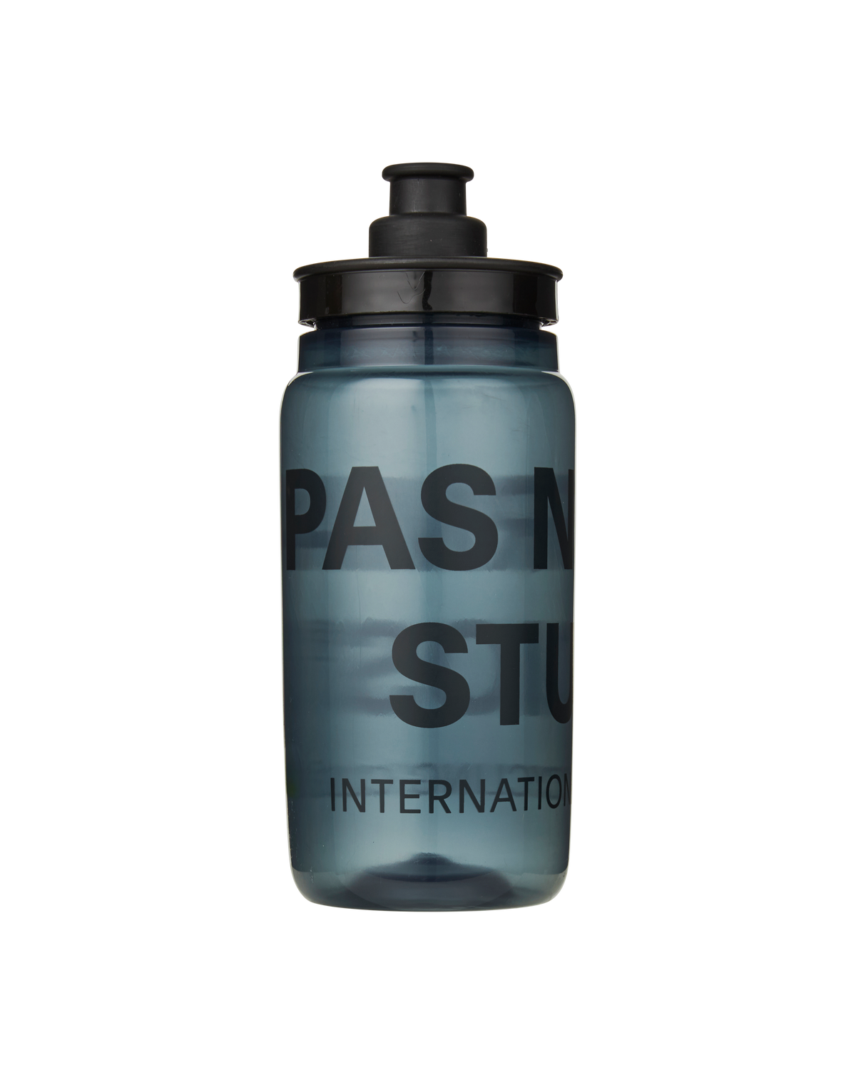 Clear Smoke Logo Race cycling bottle with black cap and branded text #Color_Clear Smoke