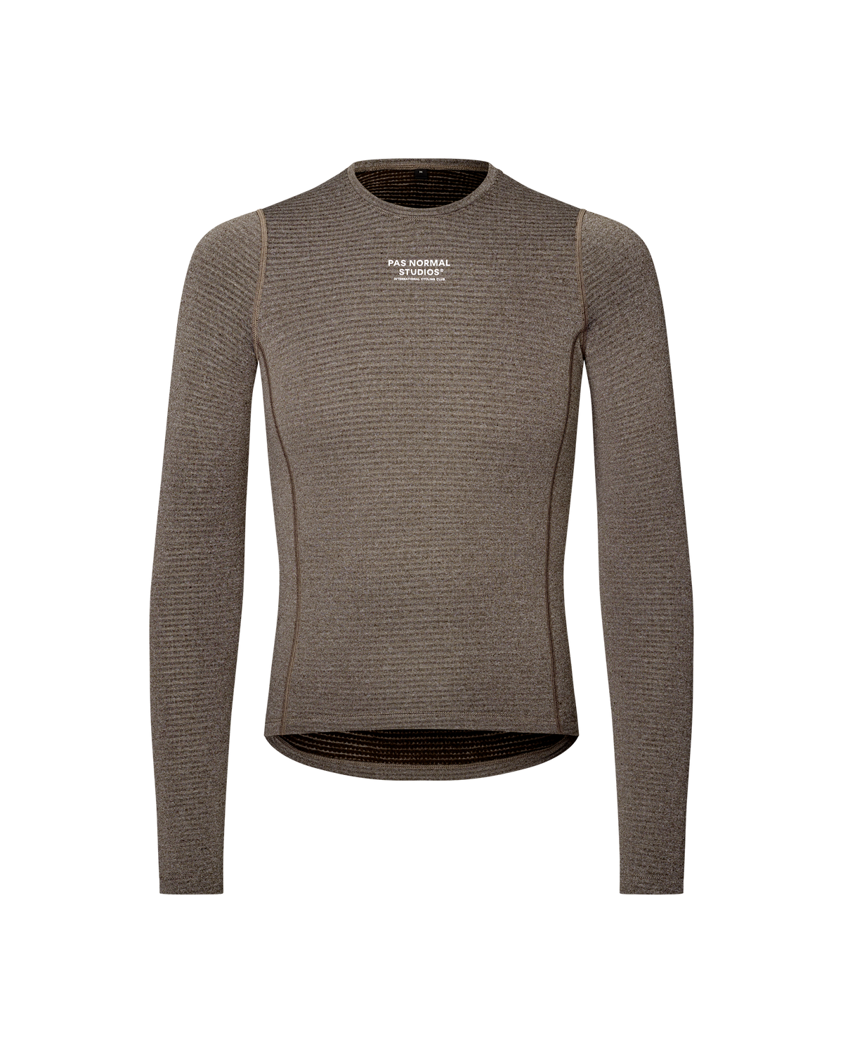 Dark Coffee brown cycling long sleeve baselayer, front flat lay with ribbed texture and white chest logo #Color_Dark Coffee