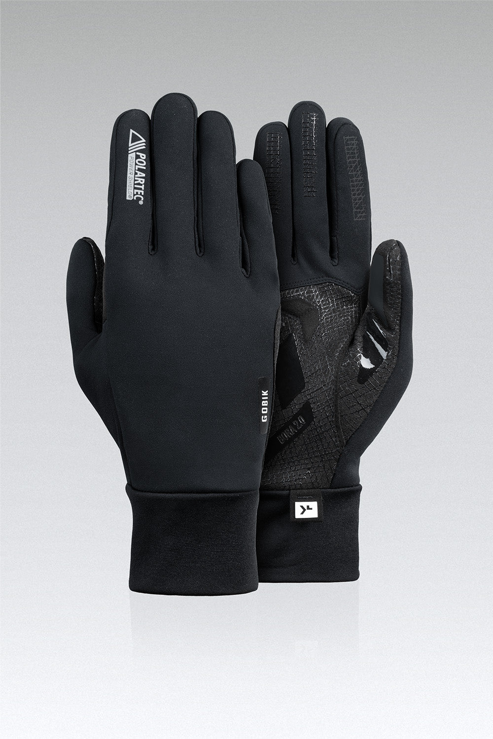 Guantes Gobik Bora 2.0 en True Black, bodegón del par de guantes largos de invierno vistos de dorso #Color_True Black