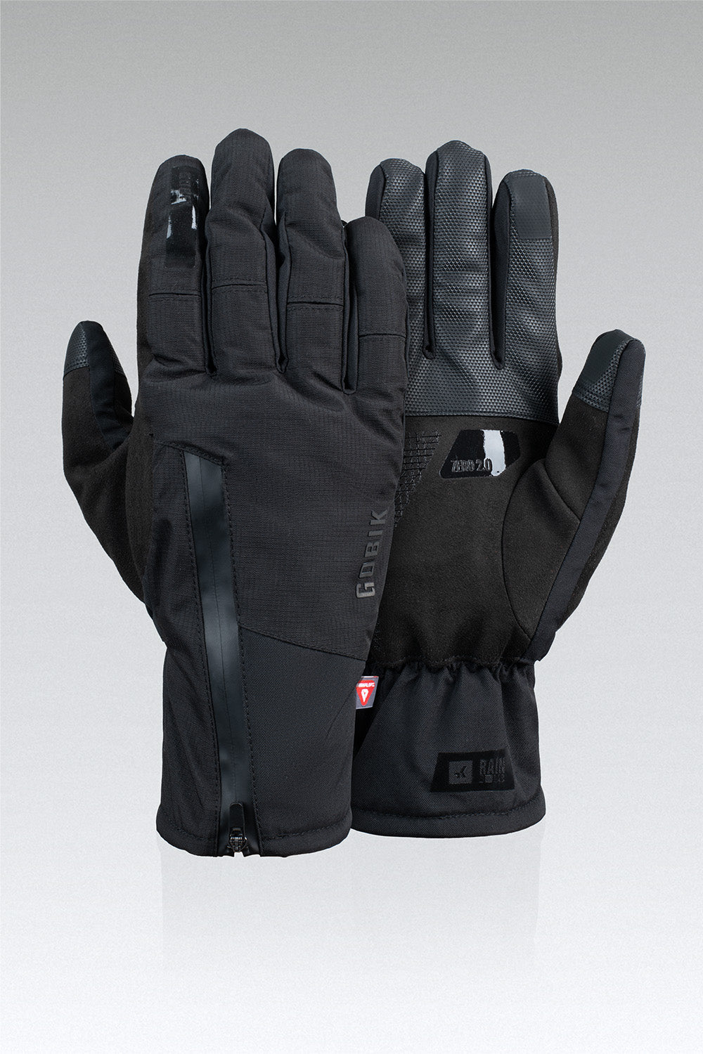 Guantes Gobik Zero 2.0 en True Black, bodegón del par de guantes de invierno con la palma reforzada a la vista #Color_True Black